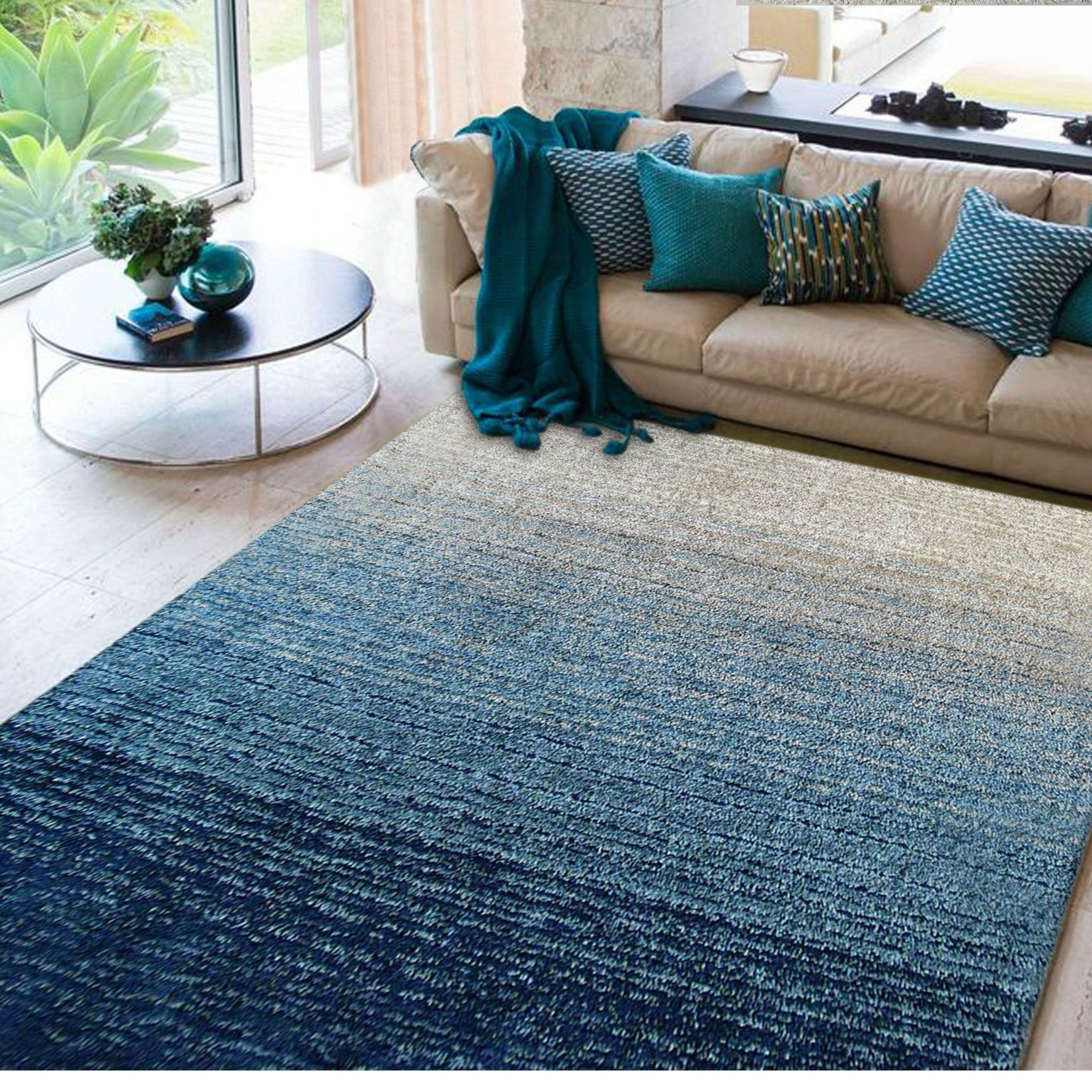 Fading Colors Blue Shade Shag Area Rug Hand Tufted