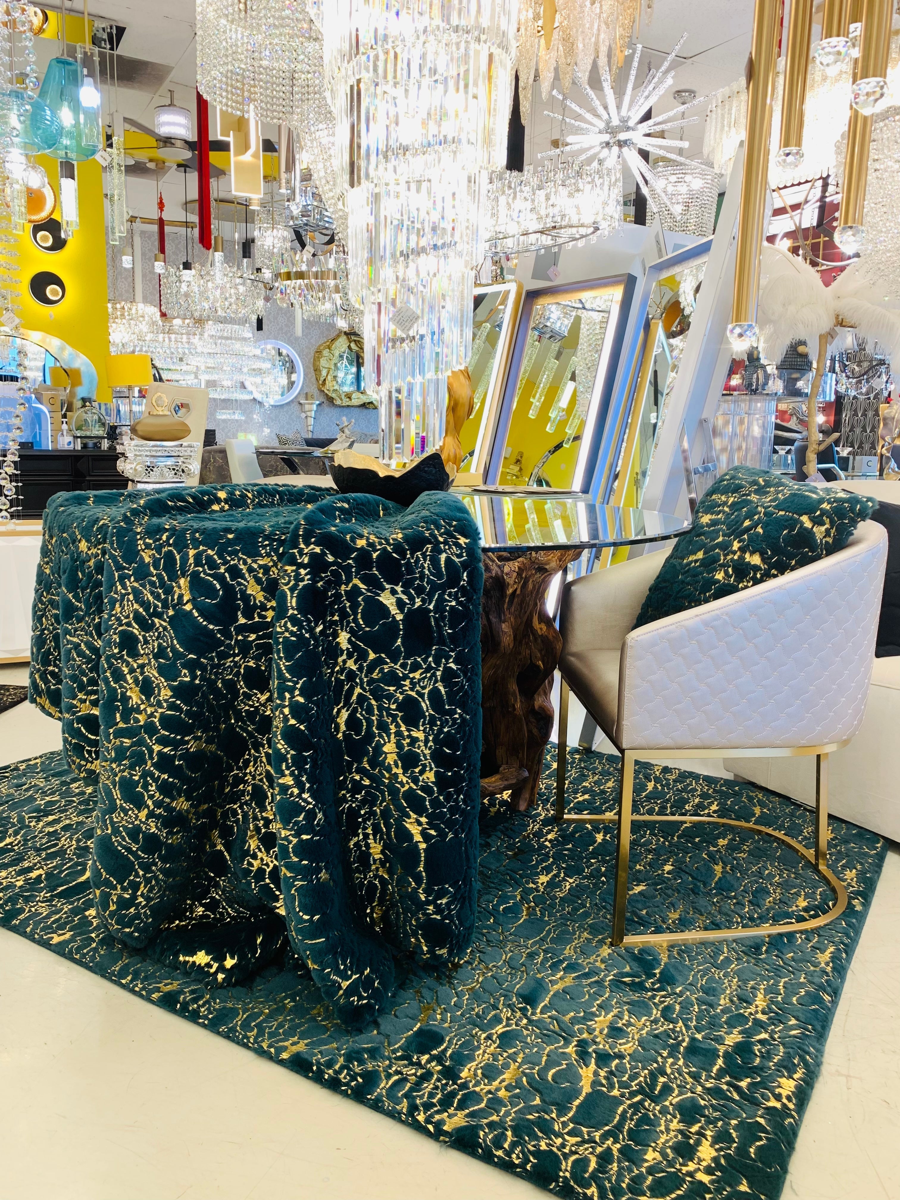Hunter Green With Golden Metallic Shimmery Design Faux Rabbit Touch Rugs