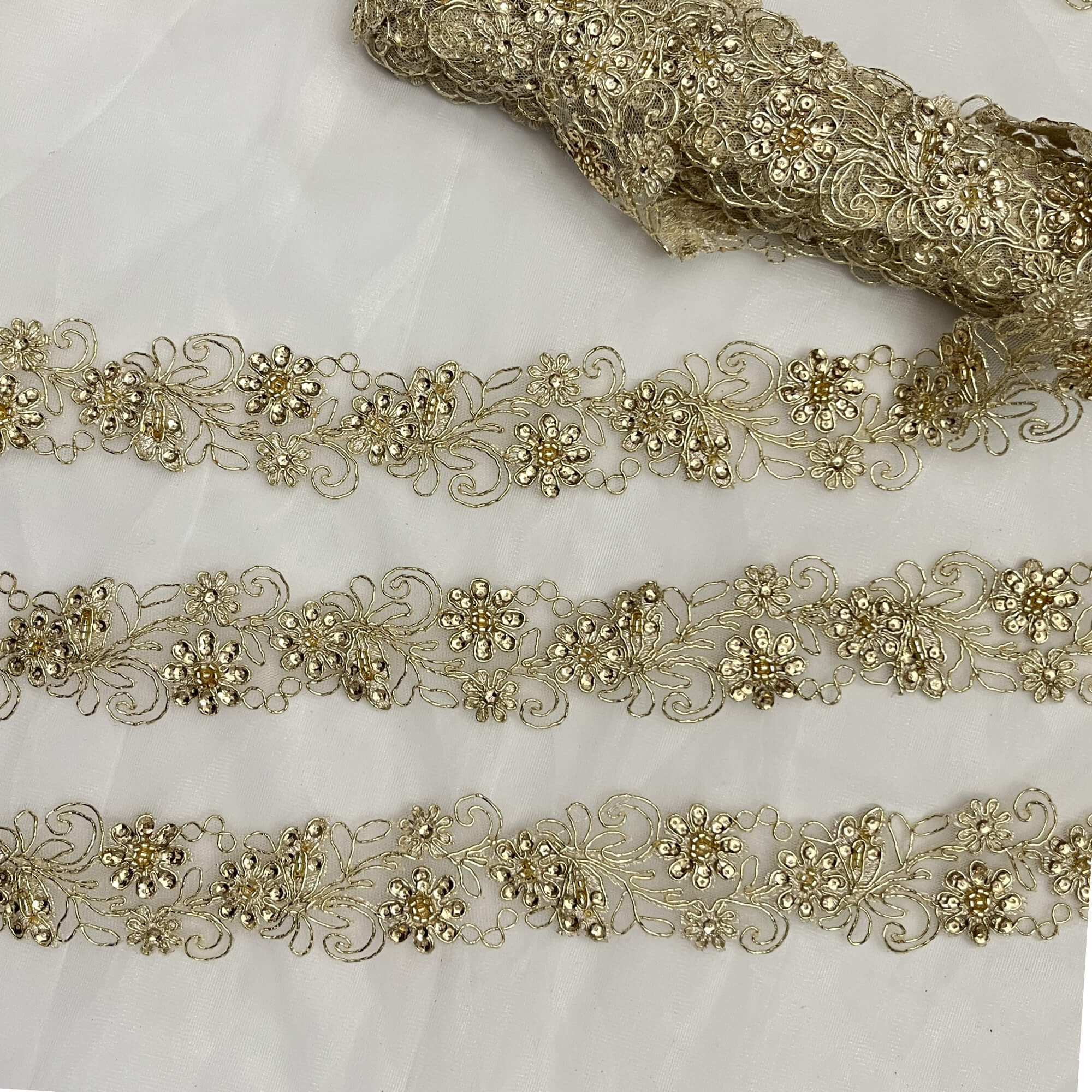 Beaded & Corded Lace Trimming Embroidered on 100% Polyester Net Mesh | Lace USA - 96283W-BP
