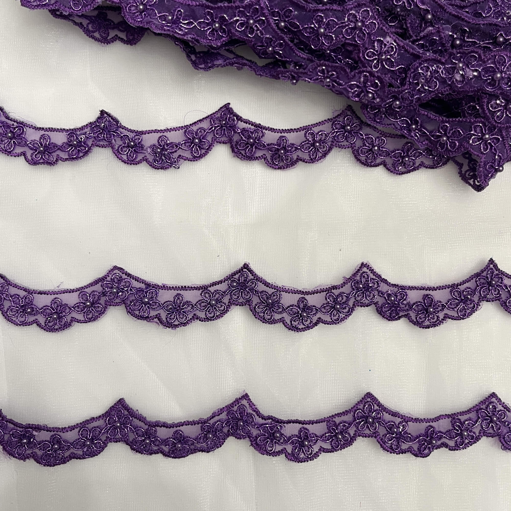 Beaded & Corded Lace Trimming Embroidered on 100% Polyester Net Mesh | Lace USA - 96758N-BP