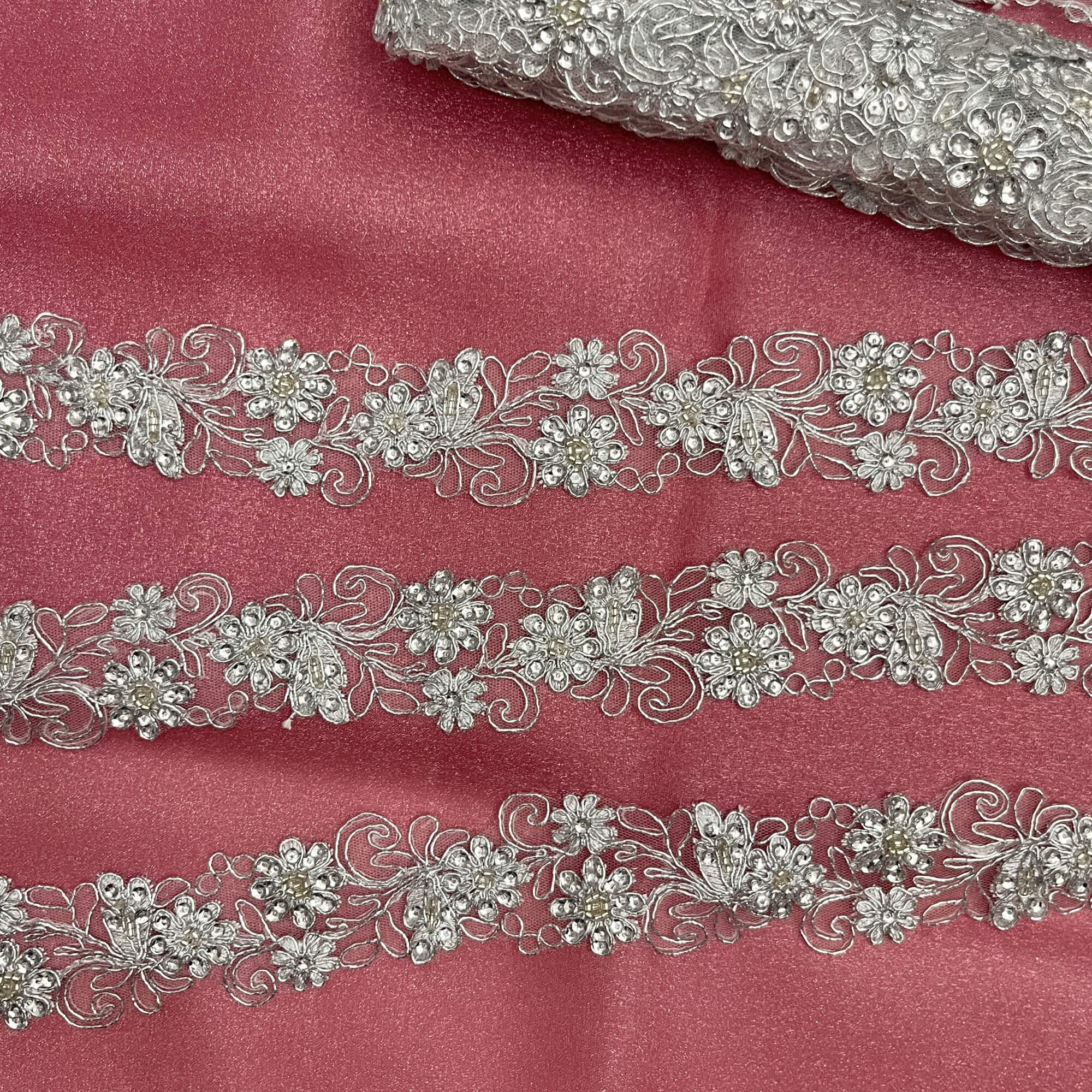 Beaded & Corded Lace Trimming Embroidered on 100% Polyester Net Mesh | Lace USA - 96283W-BP