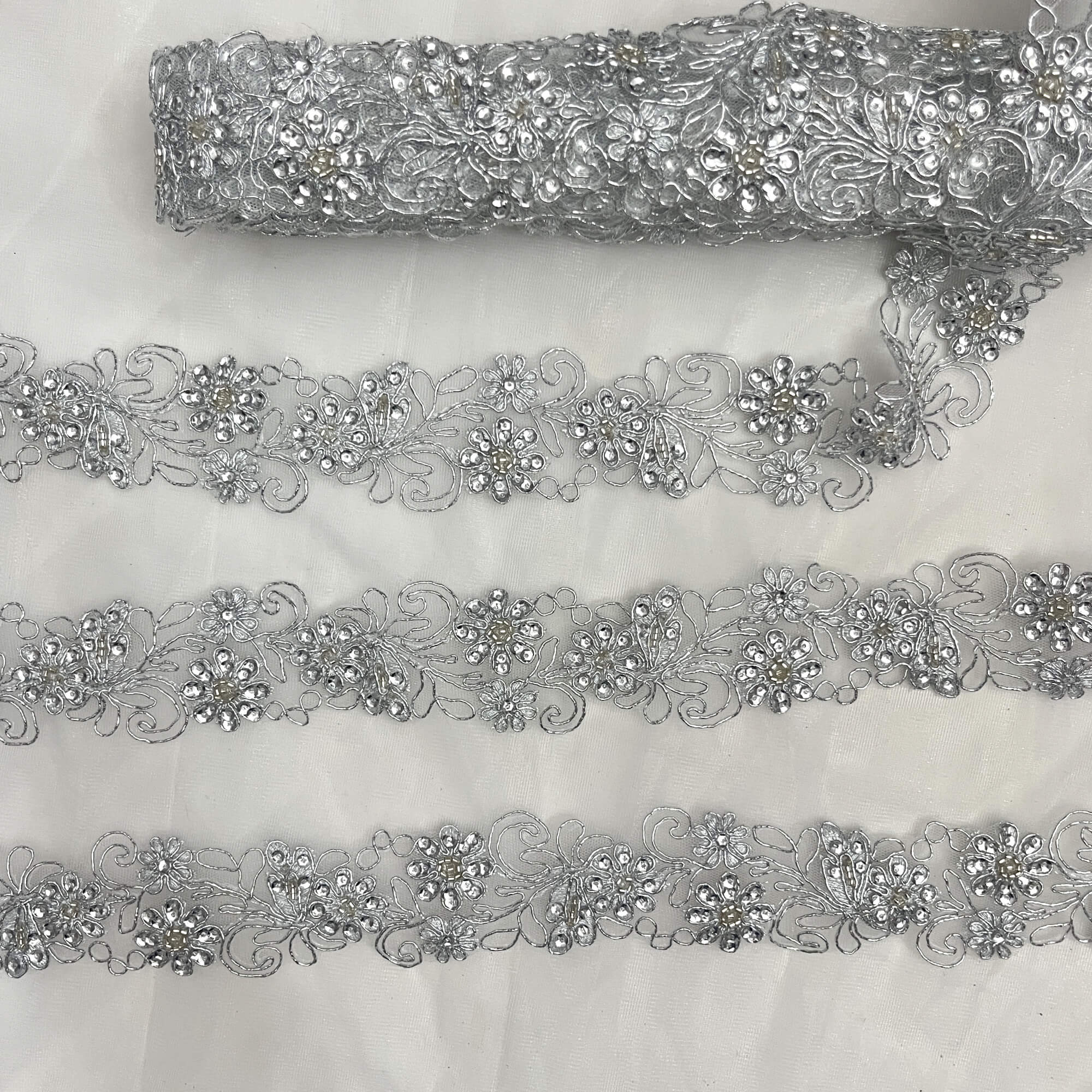 Beaded & Corded Lace Trimming Embroidered on 100% Polyester Net Mesh | Lace USA - 96283W-BP