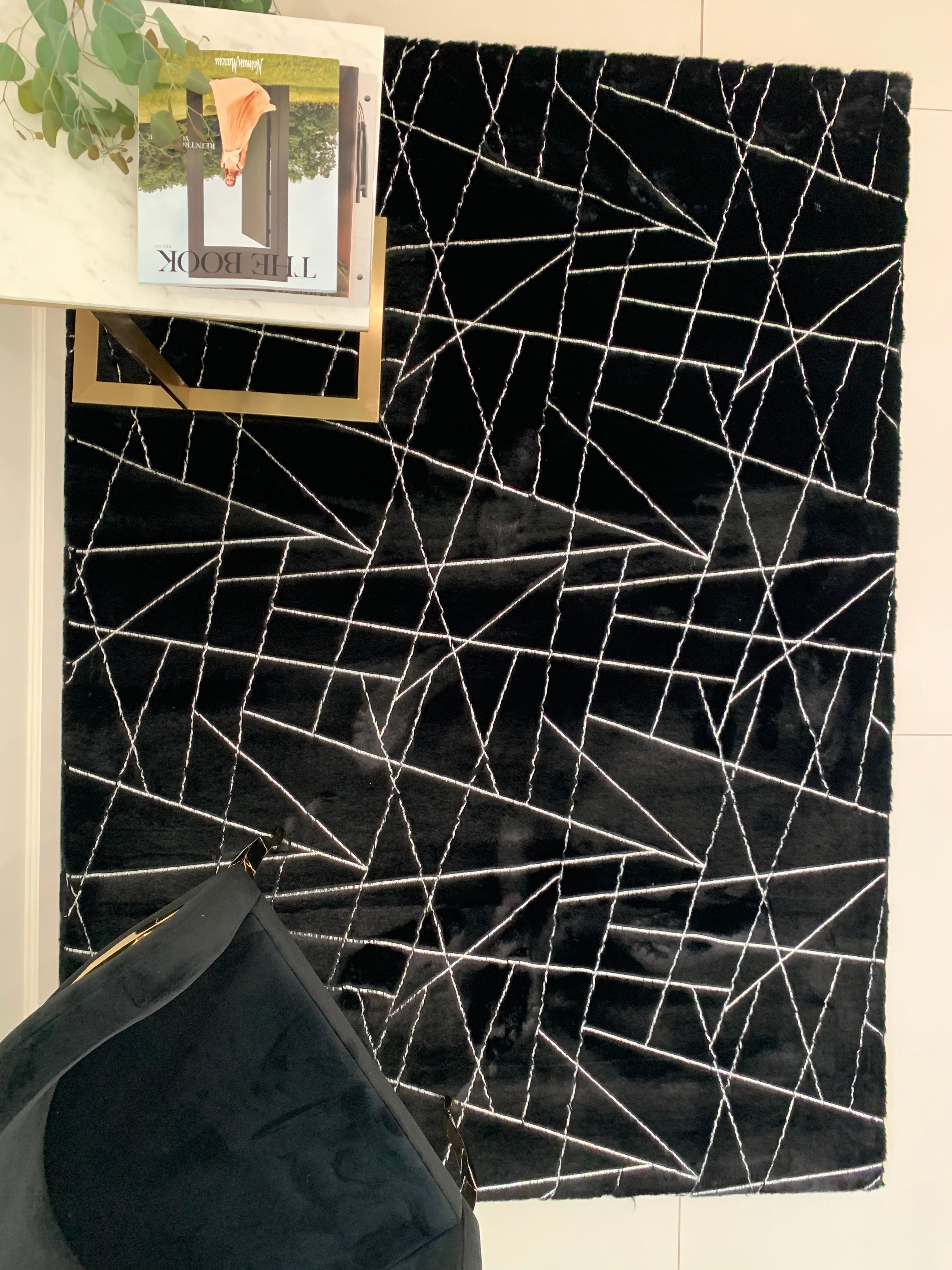 Black Lines with Silver Metallic Shimmery Design Faux Rabbit Touch Rug