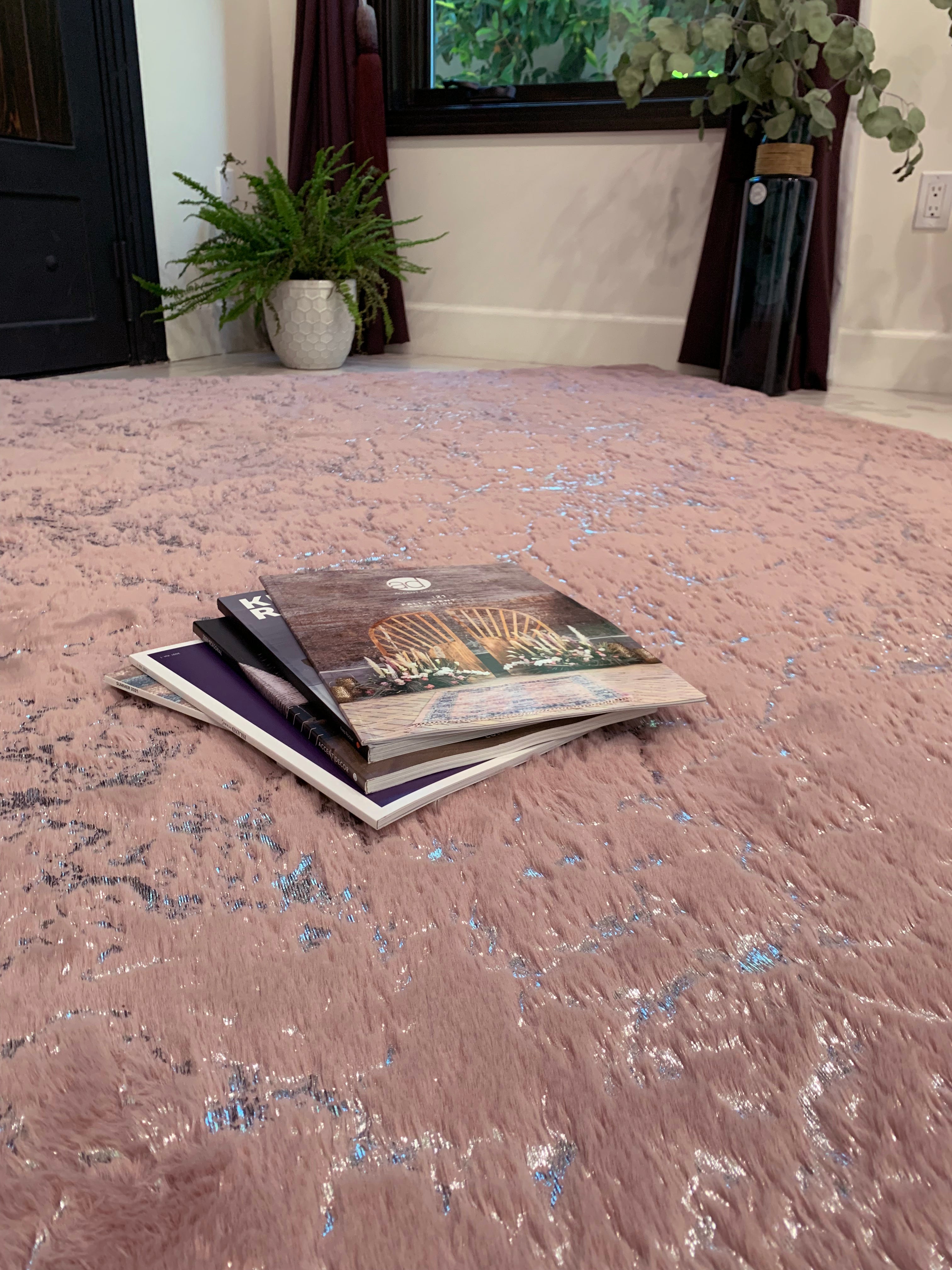 Rose Pink with Silver Metallic Shimmery Design Faux Rabbit Touch Rug