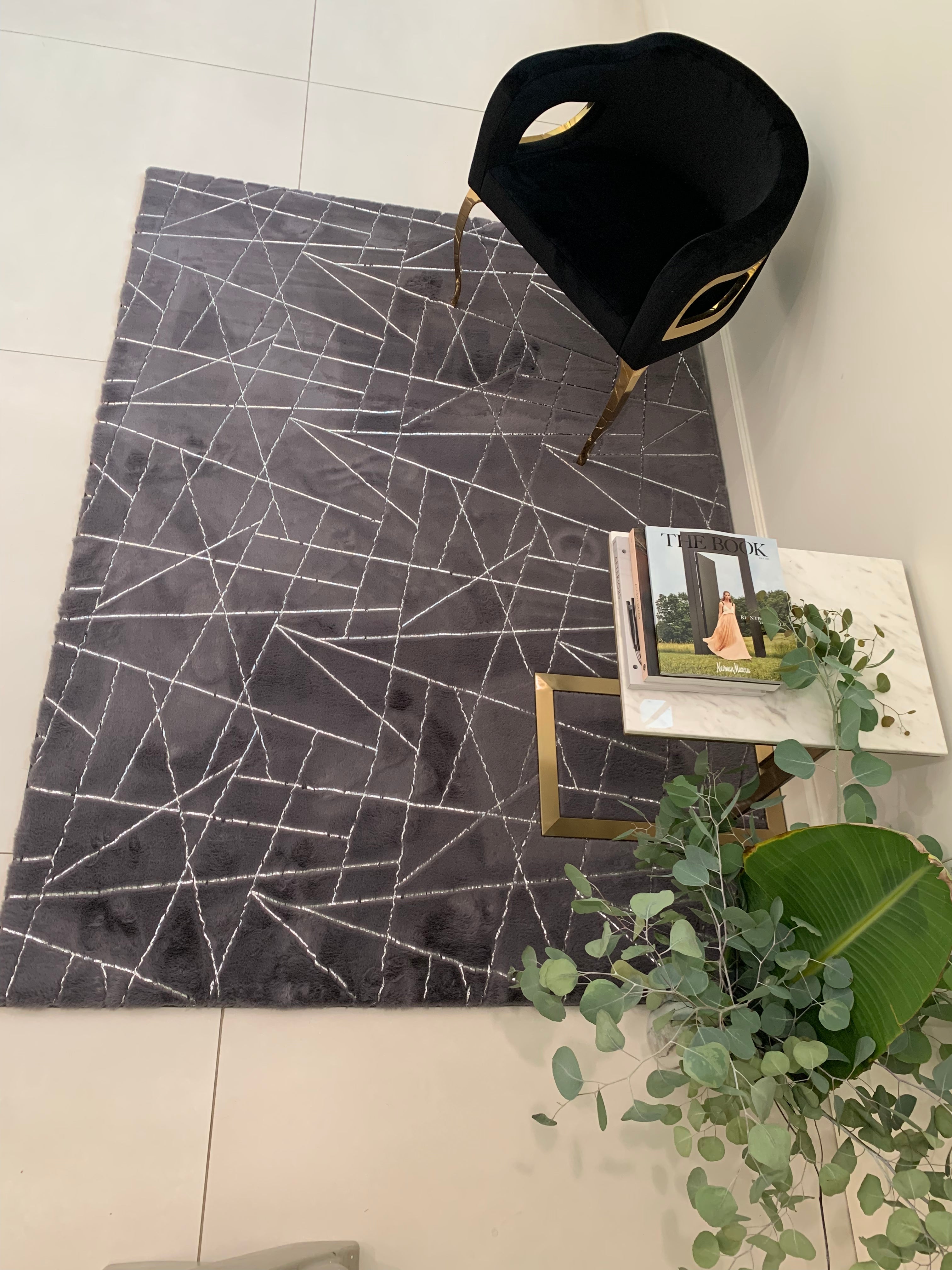 Charcoal Lines with Silver Metallic Shimmery Design Faux Rabbit Touch Rug