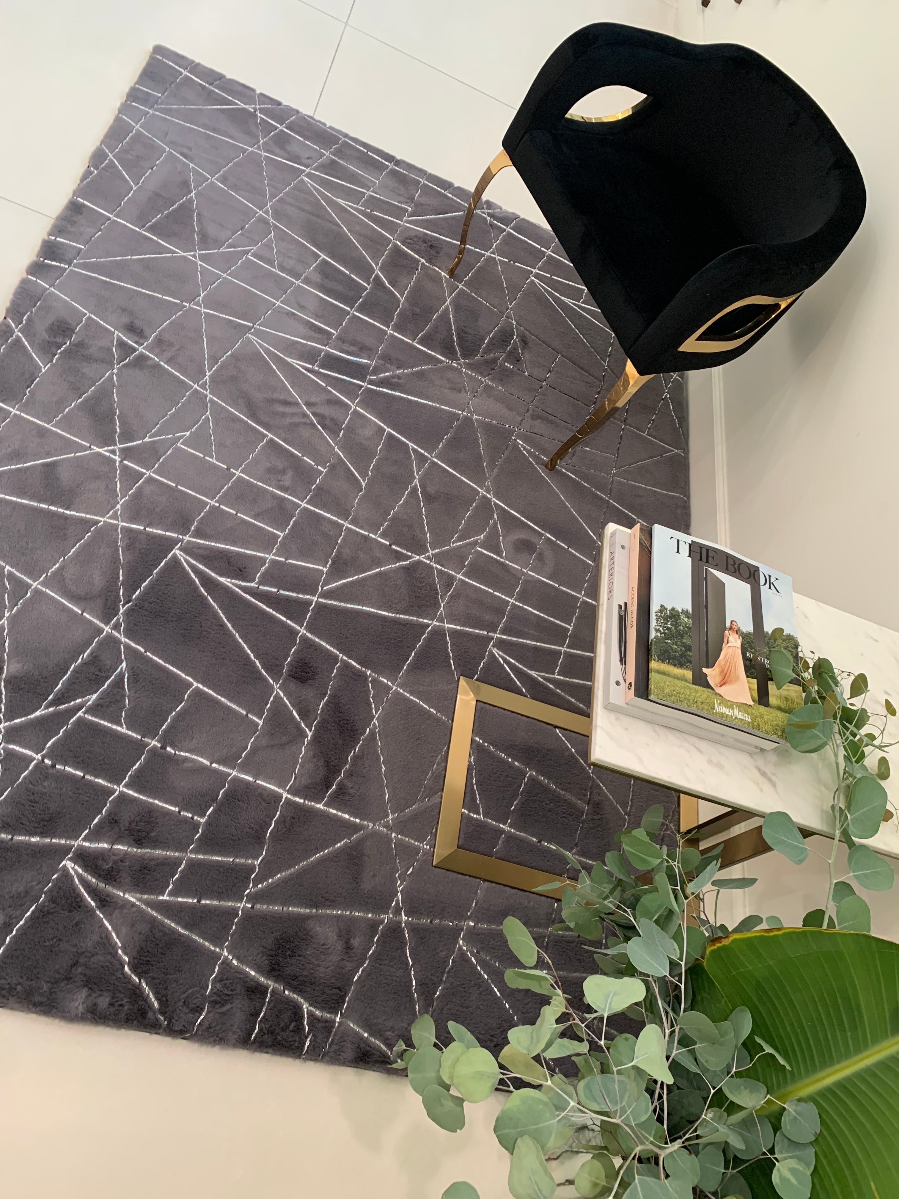 Charcoal Lines with Silver Metallic Shimmery Design Faux Rabbit Touch Rug