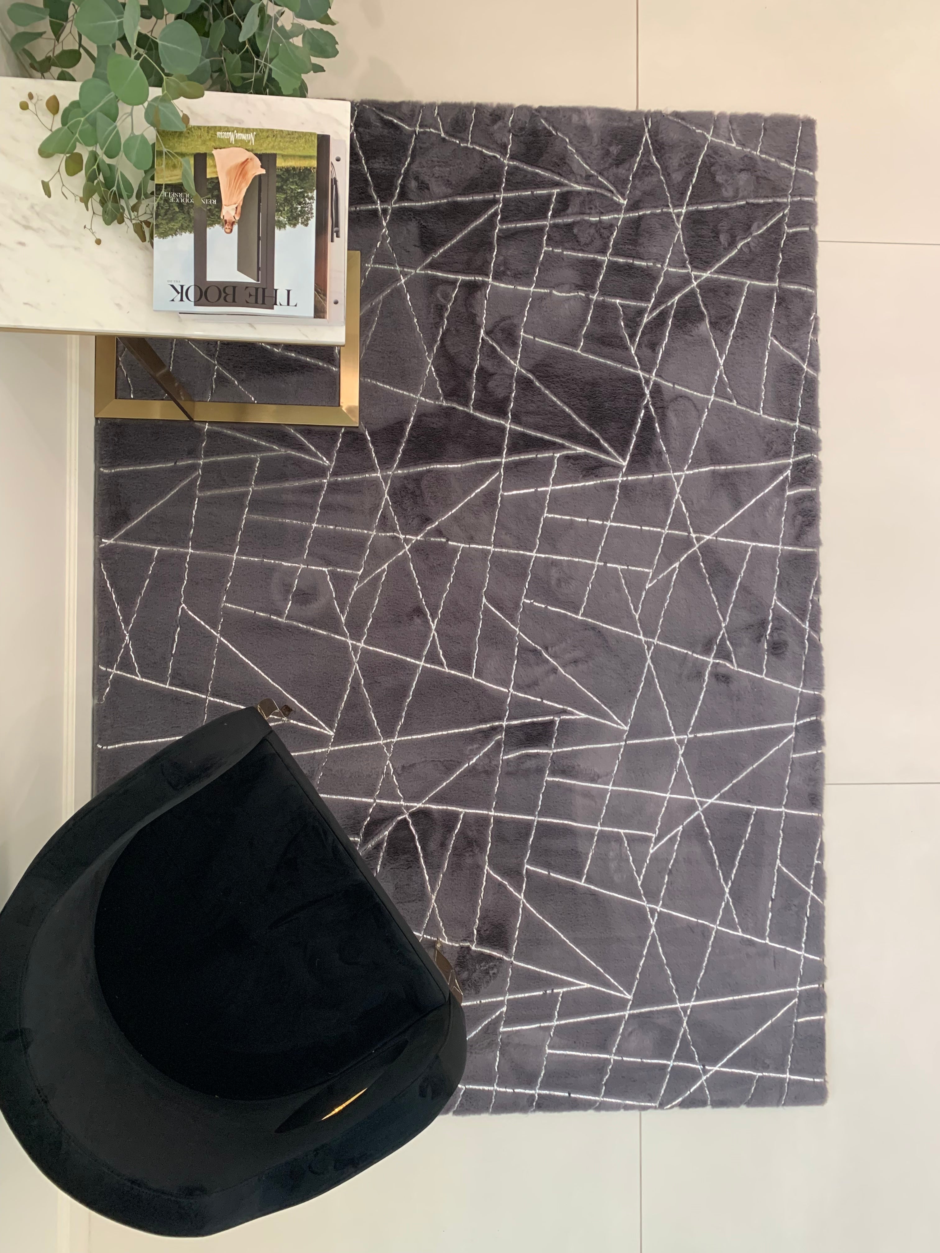 Charcoal Lines with Silver Metallic Shimmery Design Faux Rabbit Touch Rug