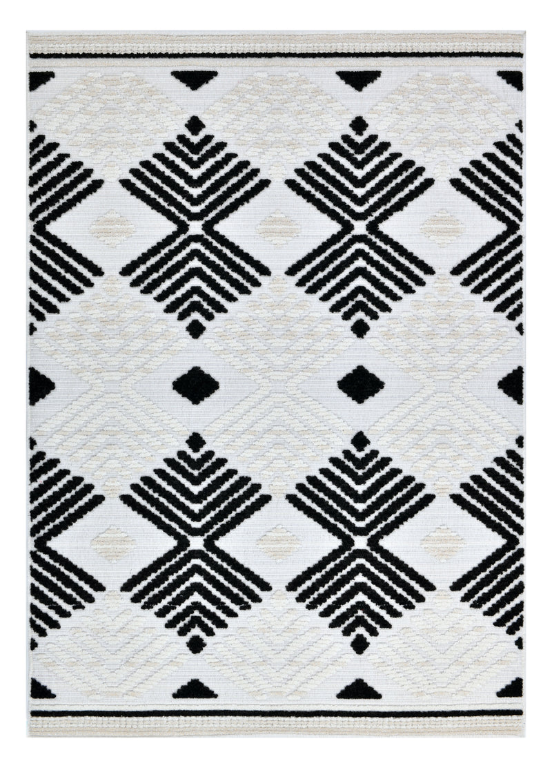 Soft Cream Rug with Beige Tones and Bohemian Black & Brown High-Low Motif - TIA 107.