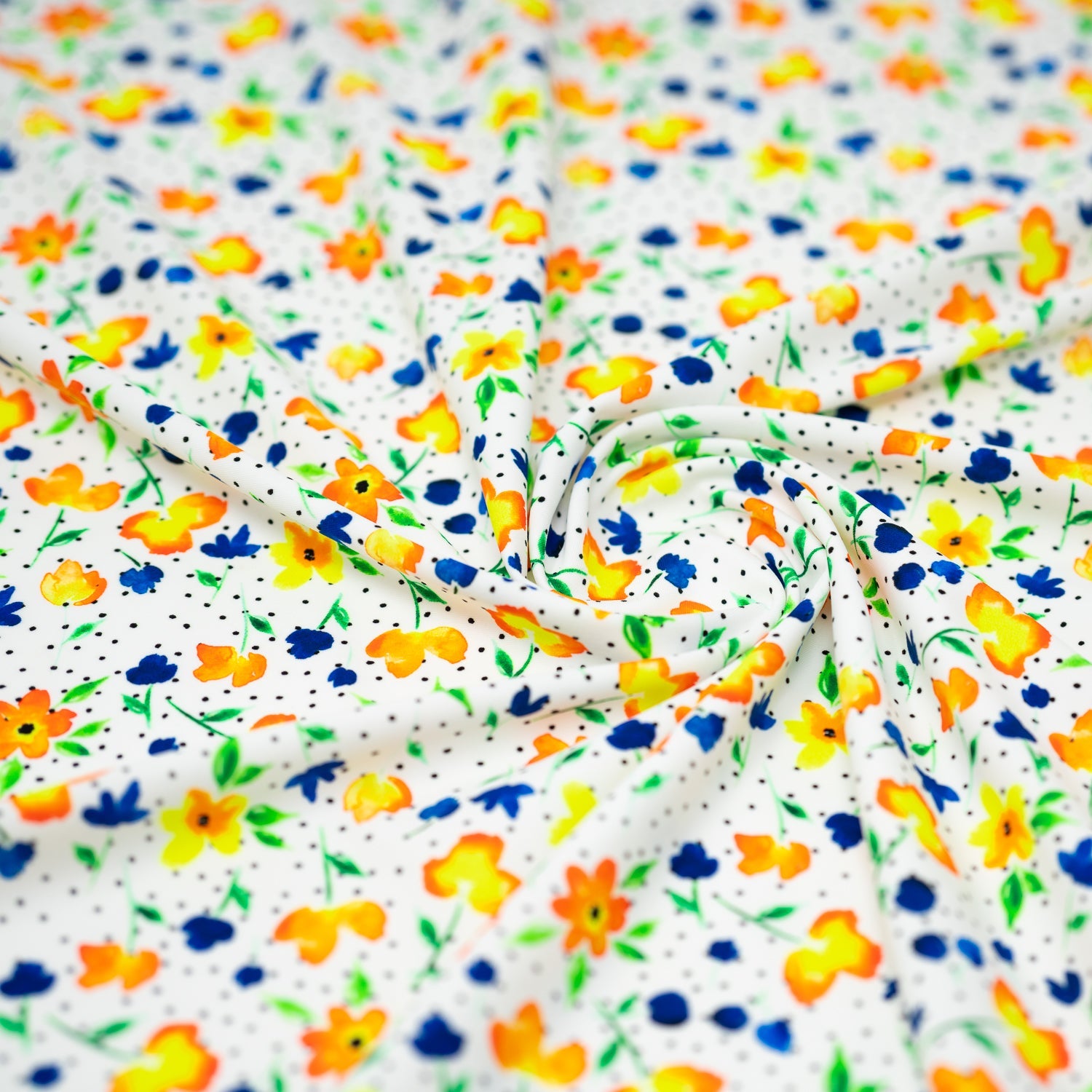 Watercolor Flowers and Black Dots Printed Spandex Fabric | Blue Moon Fabrics