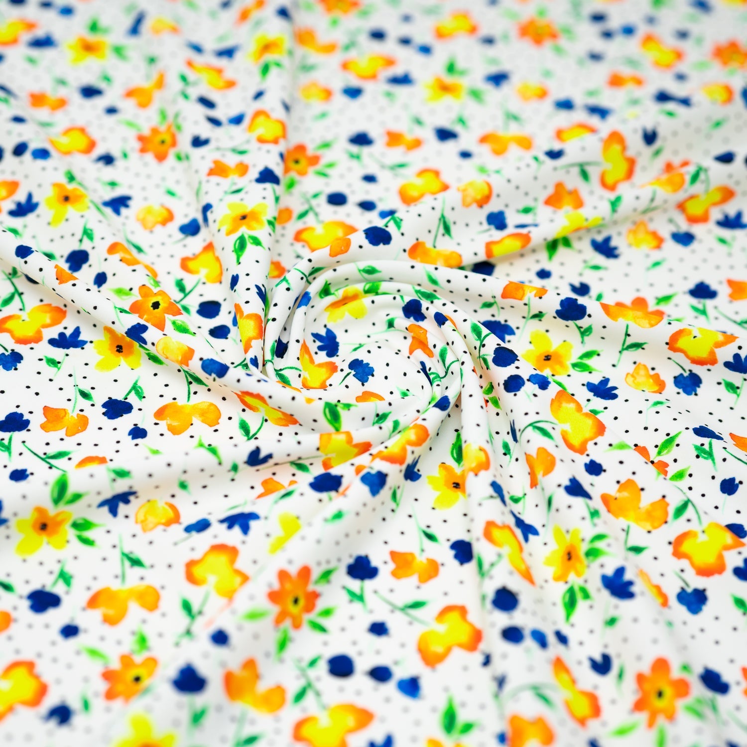 Watercolor Flowers and Black Dots Printed Spandex Fabric | Blue Moon Fabrics