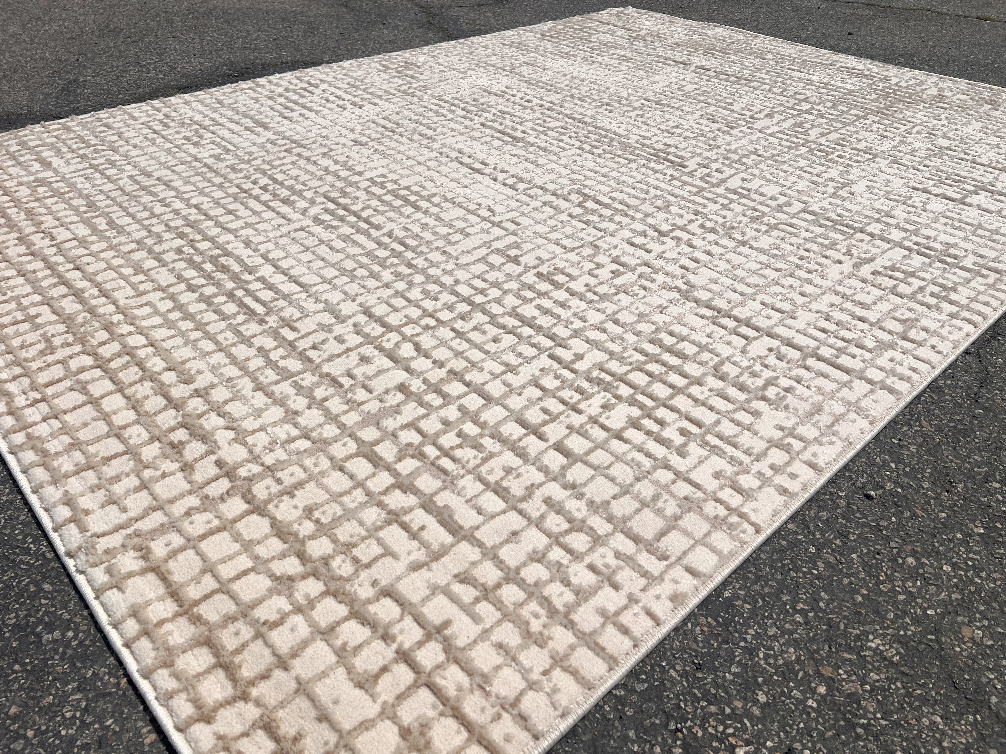 Squared Geometric Tone-on-Tone Rug in Creamy Sandy Beige with Mocha High-Low Texture - NUDE 26