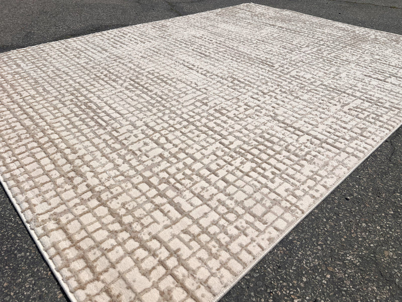 Squared Geometric Tone-on-Tone Rug in Creamy Sandy Beige with Mocha High-Low Texture - NUDE 26
