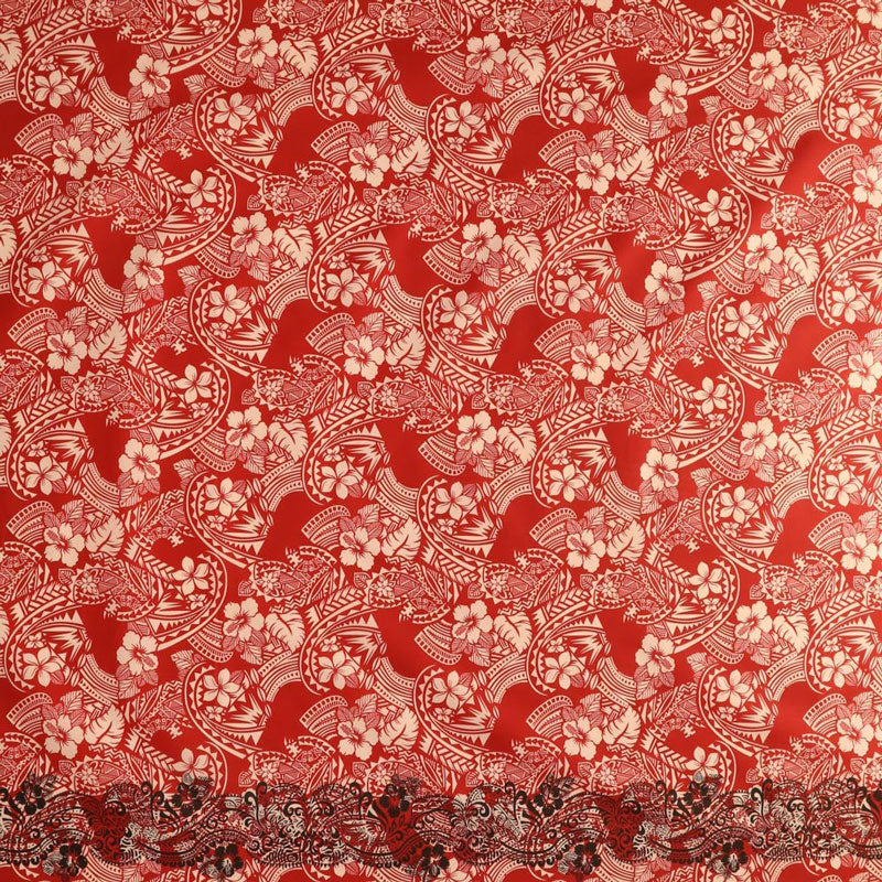 Polyensian Hibiscus & Plumeria Flowers Traditional Tattoo Single Border Fabric | Poly-Cotton