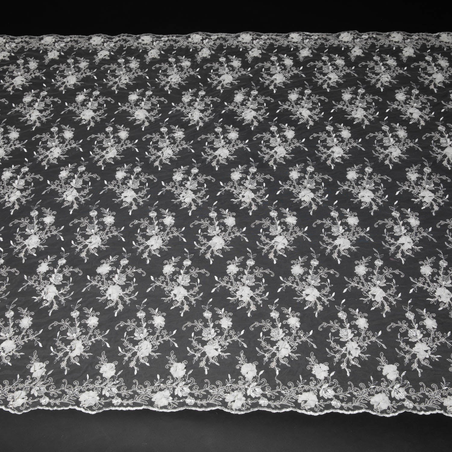 Tulle Lace Fabric Embroidered W/Applique with 3D Floral Pattern 52" Wide | Exquisite Fabric