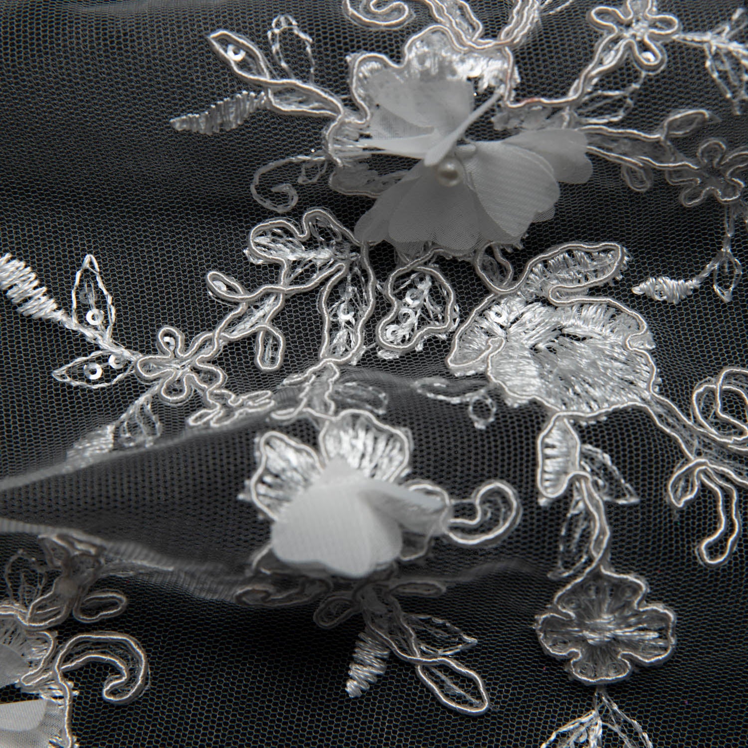 Tulle Lace Fabric Embroidered W/Applique with 3D Floral Pattern 52" Wide | Exquisite Fabric