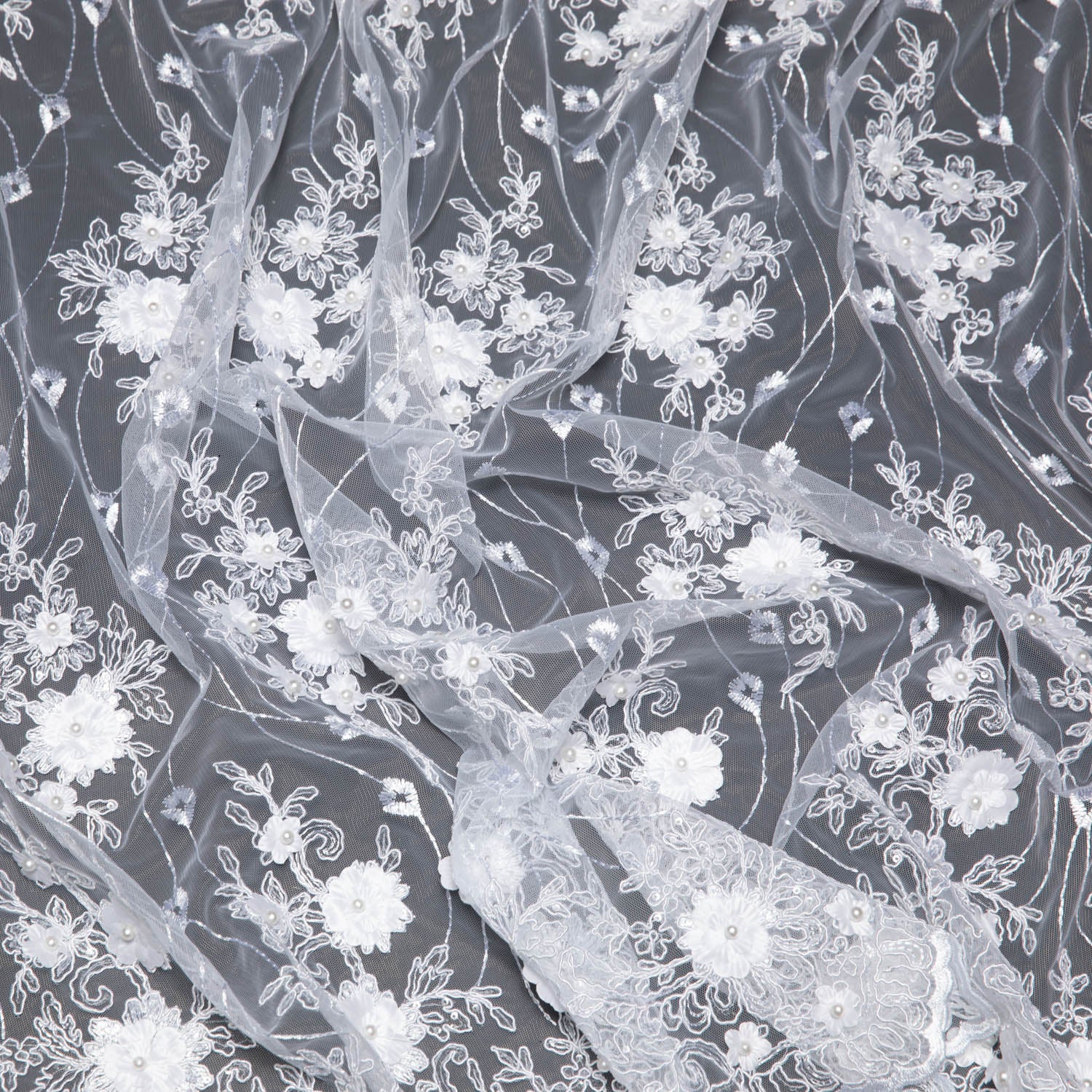 Tulle Lace Fabric Embroidered W/Applique with 3D Floral Pattern 52" Wide | Exquisite Fabric