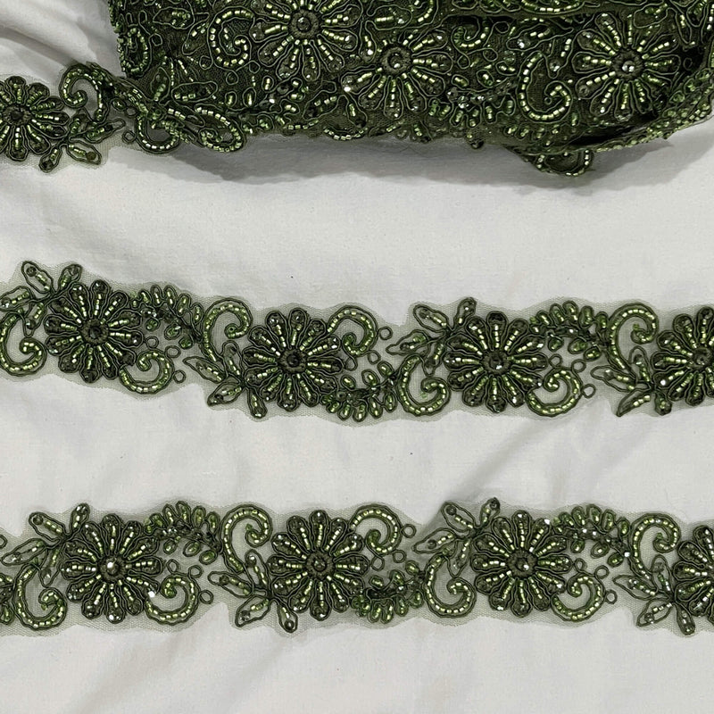 Beaded & Corded Lace Trimming Embroidered on 100% Polyester Net Mesh | Lace USA - 96275W-BP