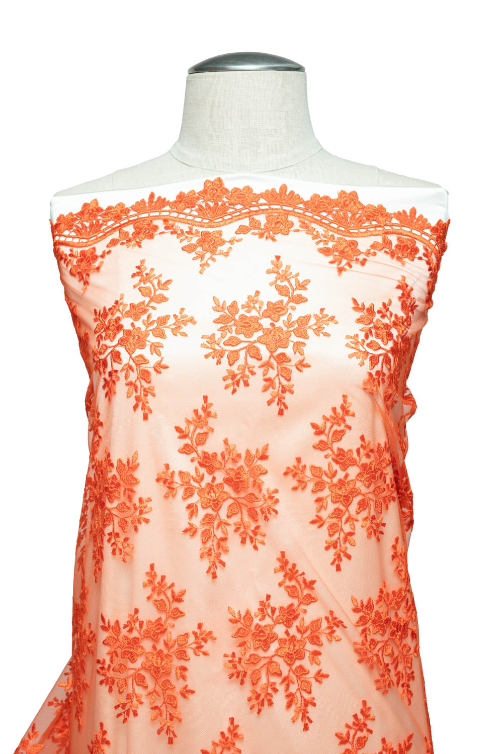 ORANGE EMBROIDERED LACE FABRIC WITH FLORAL DESIGN 52" WIDE | Exquisite Fabric