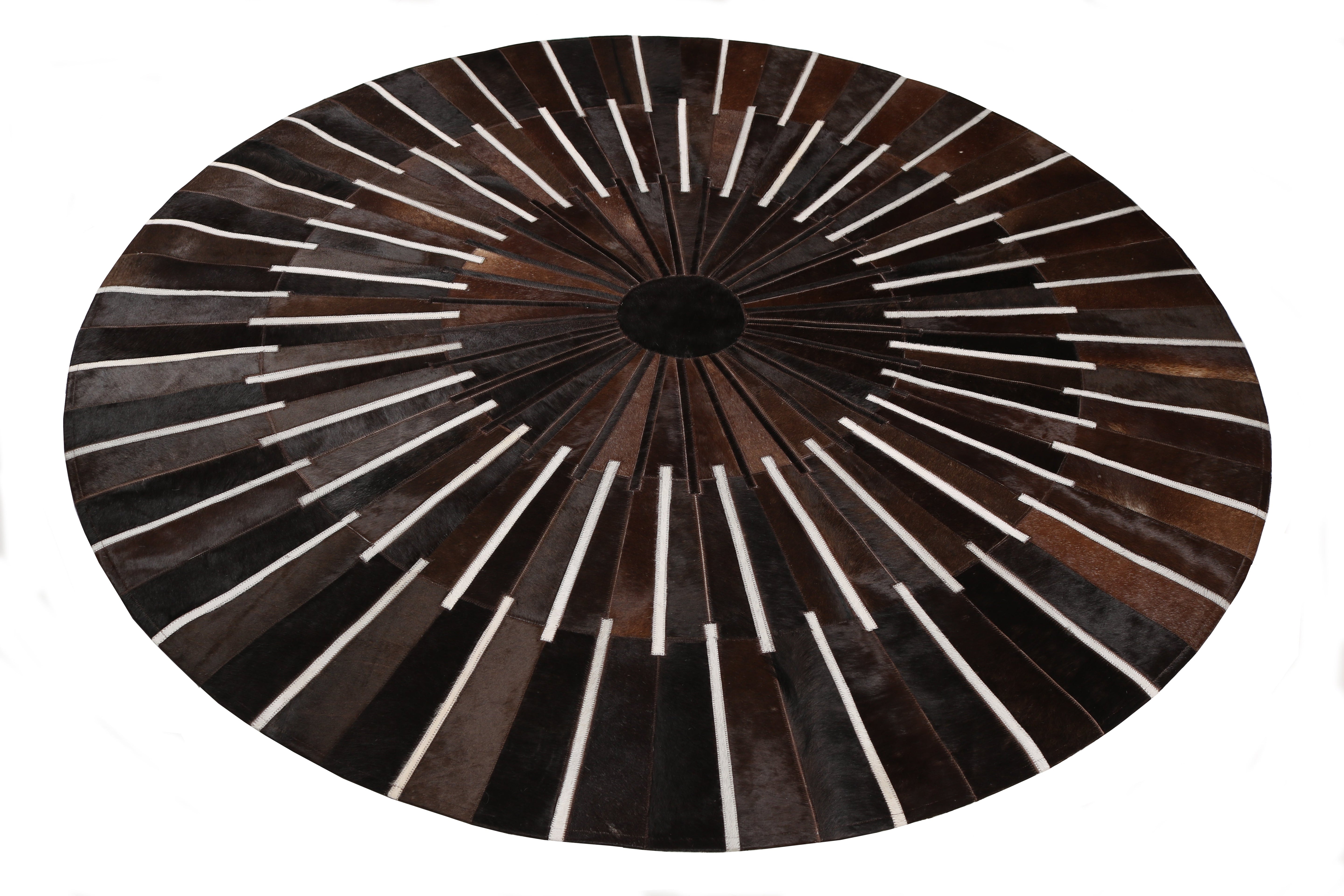 Geometric Round Cowhide Patchwork Rug – Black with Charcoal Stripes - Patchwork PCH216 Round