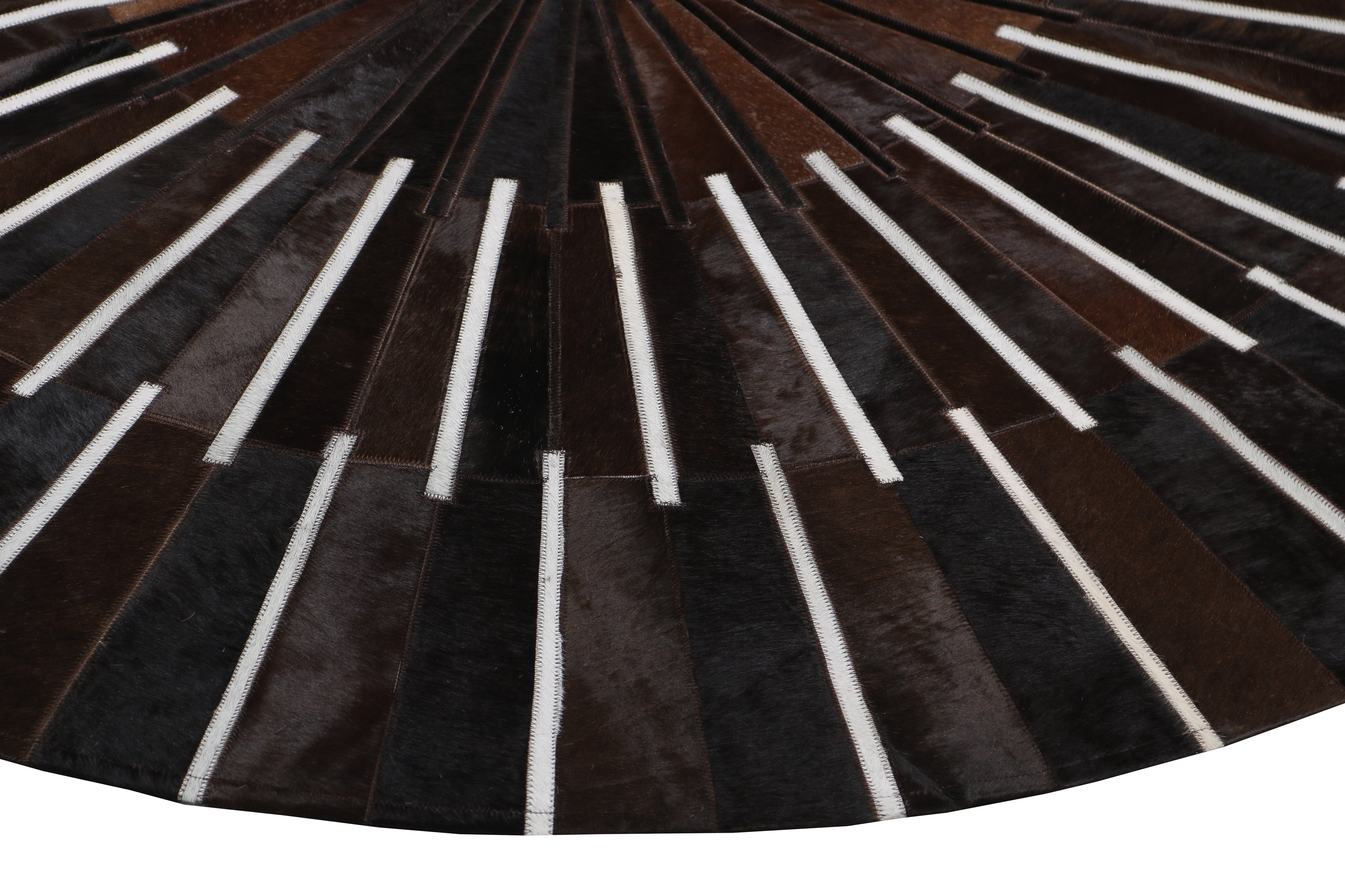 Geometric Round Cowhide Patchwork Rug – Black with Charcoal Stripes - Patchwork PCH216 Round