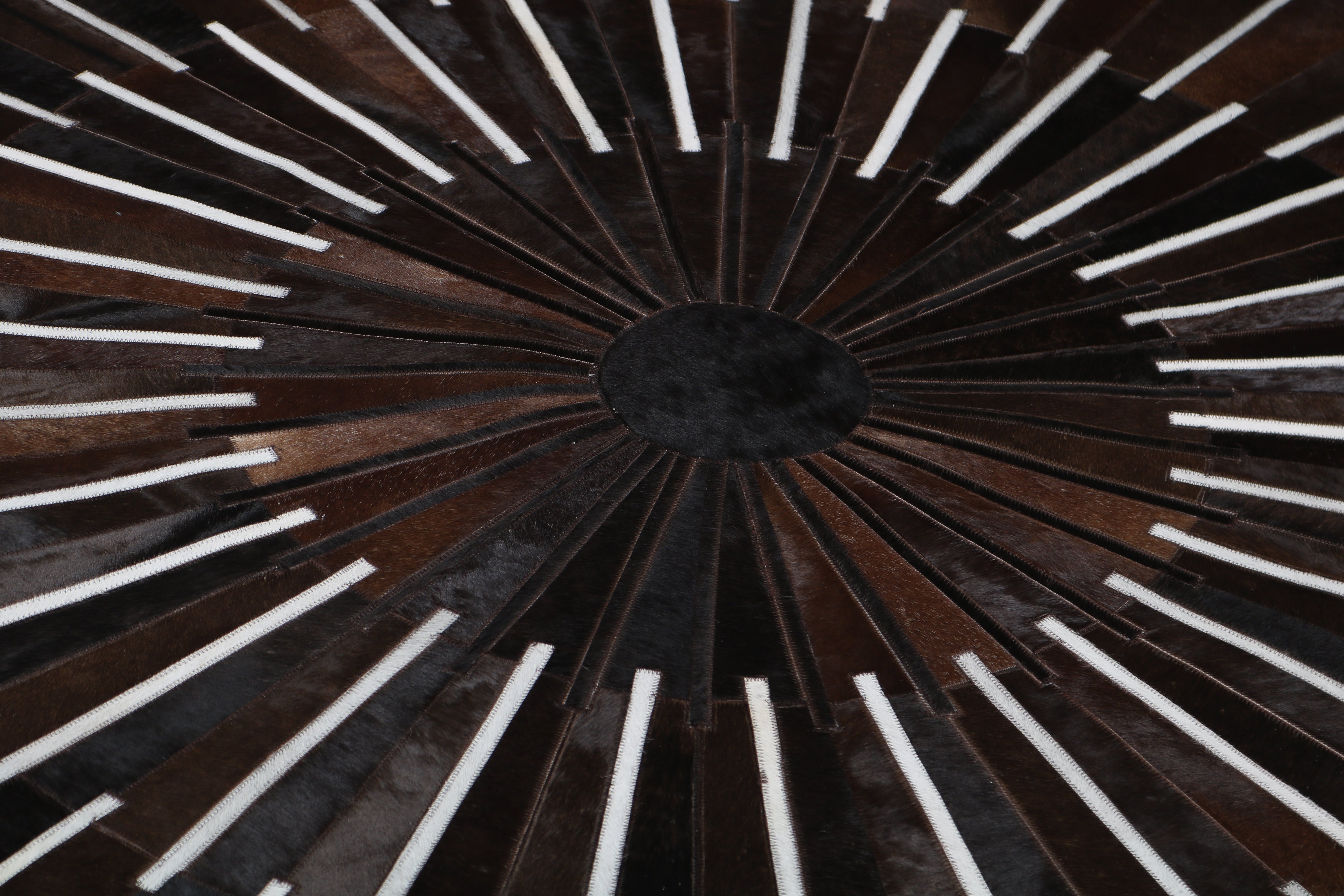 Geometric Round Cowhide Patchwork Rug – Black with Charcoal Stripes - Patchwork PCH216 Round