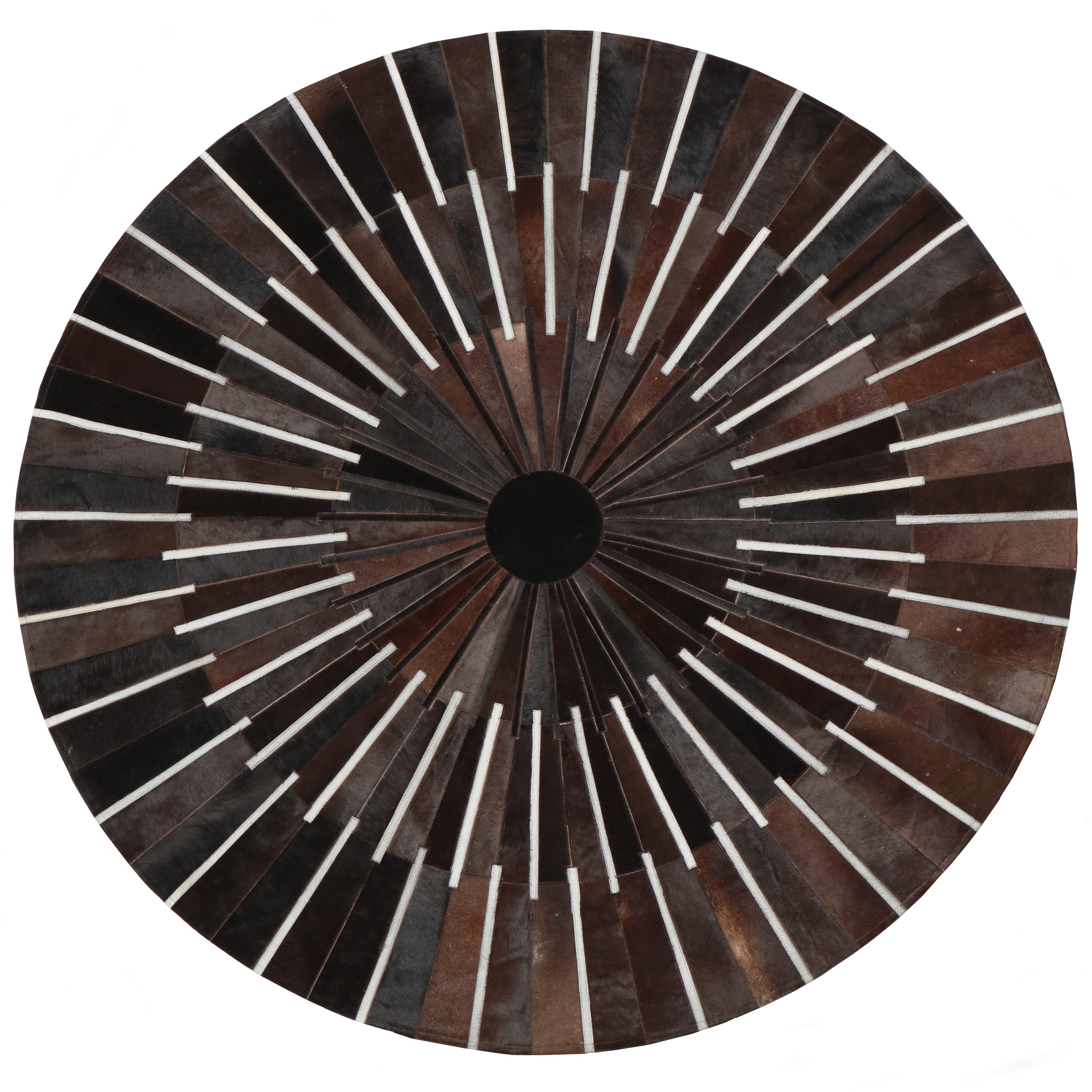 Geometric Round Cowhide Patchwork Rug – Black with Charcoal Stripes - Patchwork PCH216 Round