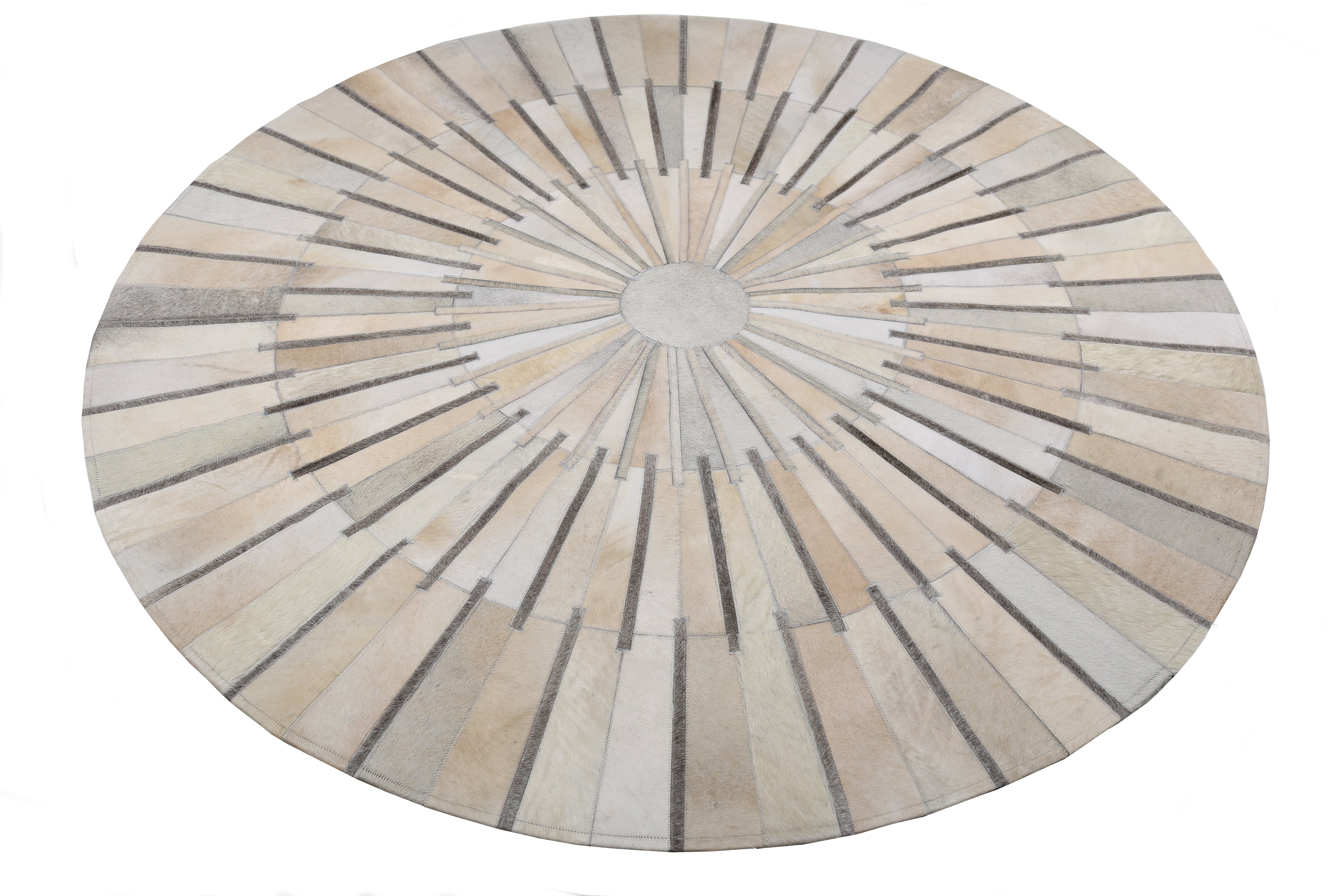 Geometric Round Cowhide Patchwork Rug – Black with Charcoal Stripes - Patchwork PCH216 Round