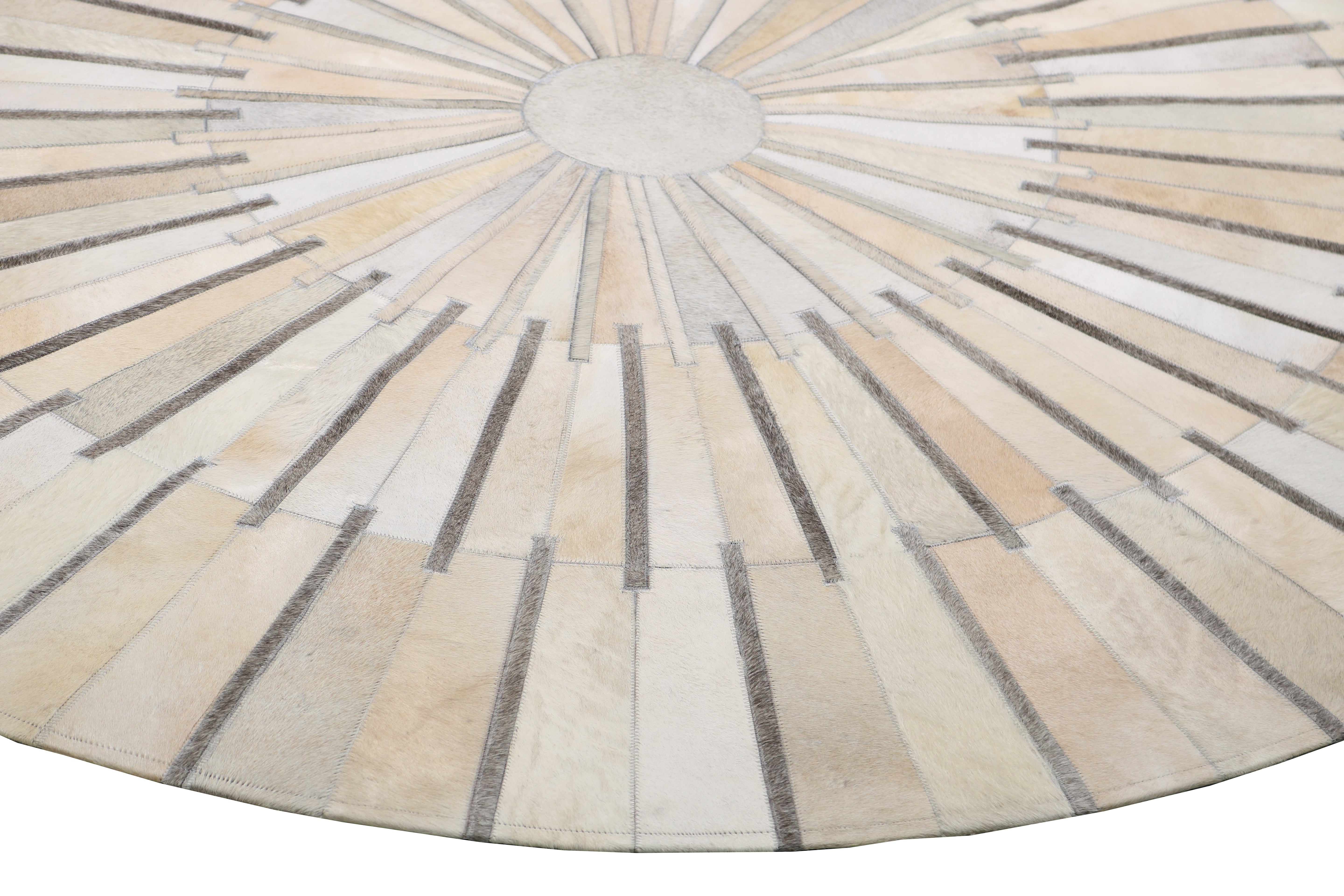 Geometric Round Cowhide Patchwork Rug – Black with Charcoal Stripes - Patchwork PCH216 Round
