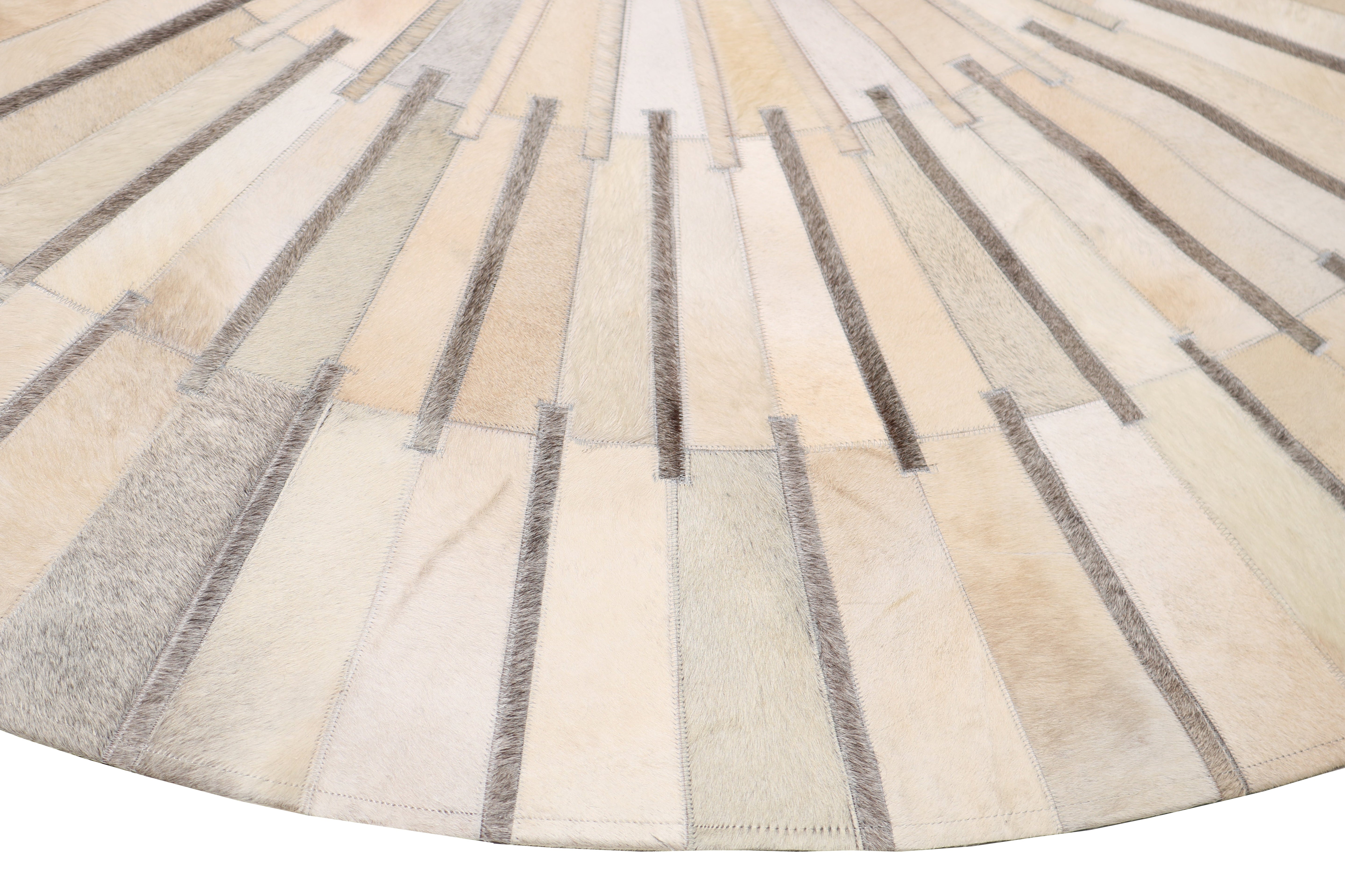 Geometric Round Cowhide Patchwork Rug – Black with Charcoal Stripes - Patchwork PCH216 Round
