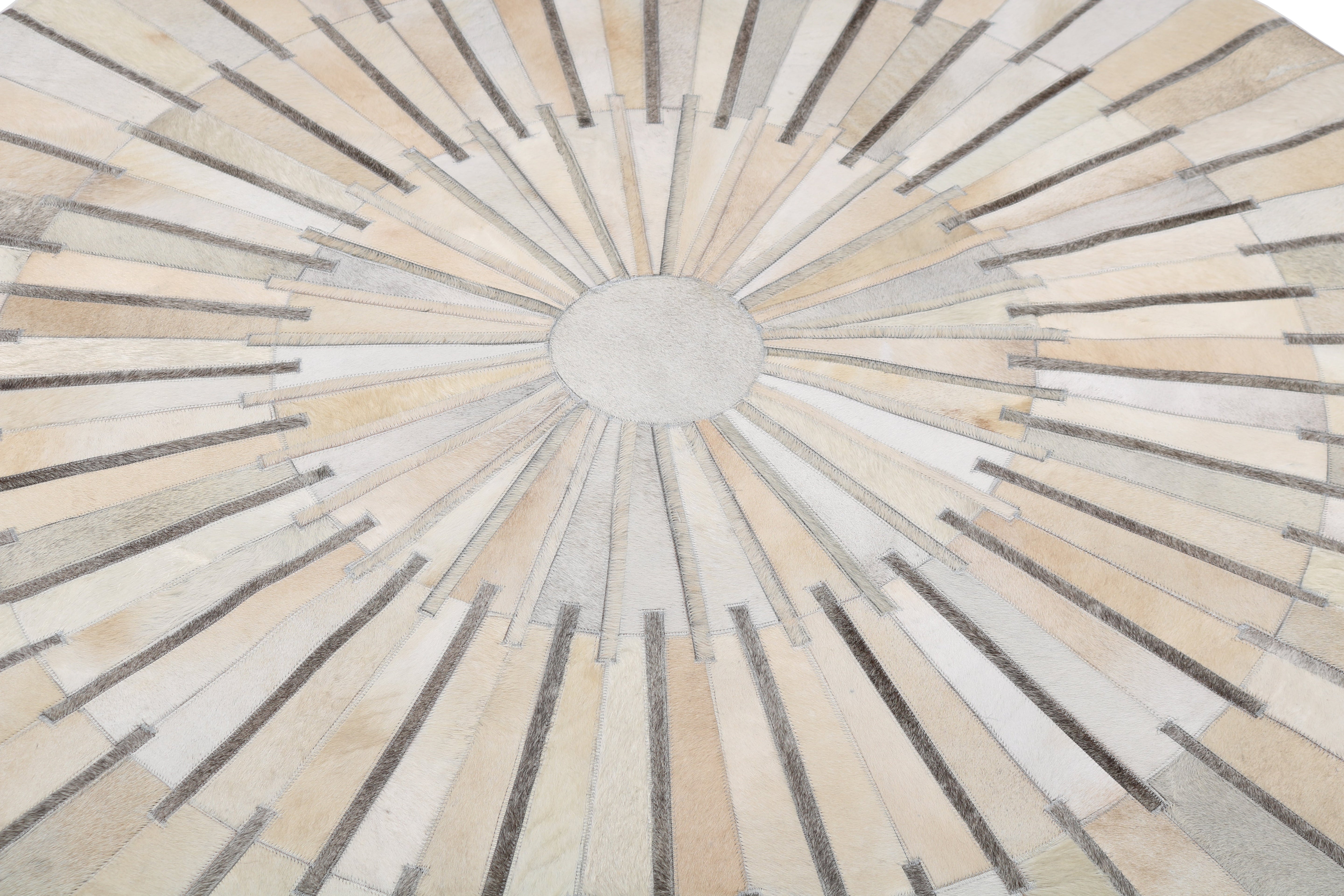Geometric Round Cowhide Patchwork Rug – Black with Charcoal Stripes - Patchwork PCH216 Round
