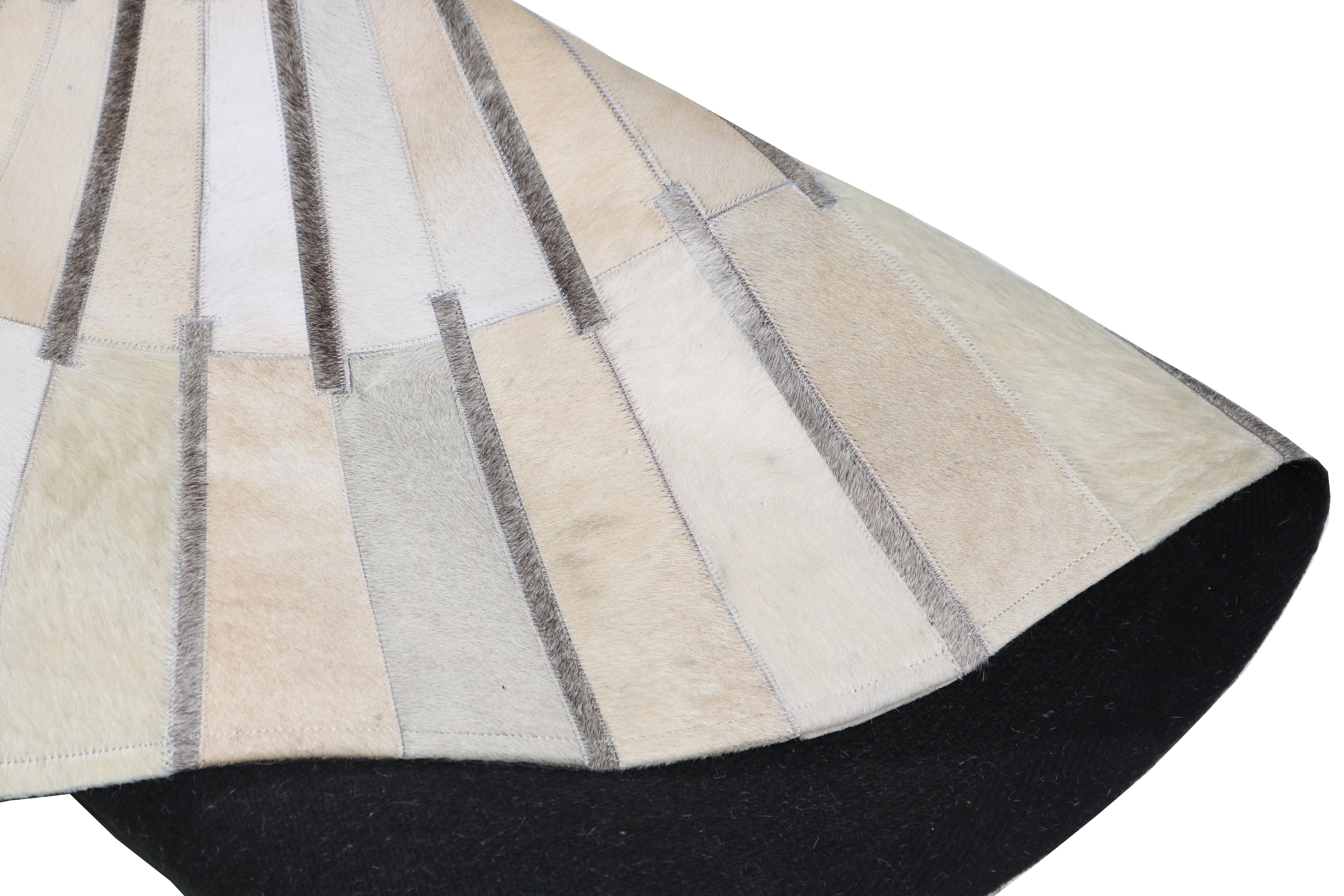 Geometric Round Cowhide Patchwork Rug – Black with Charcoal Stripes - Patchwork PCH216 Round