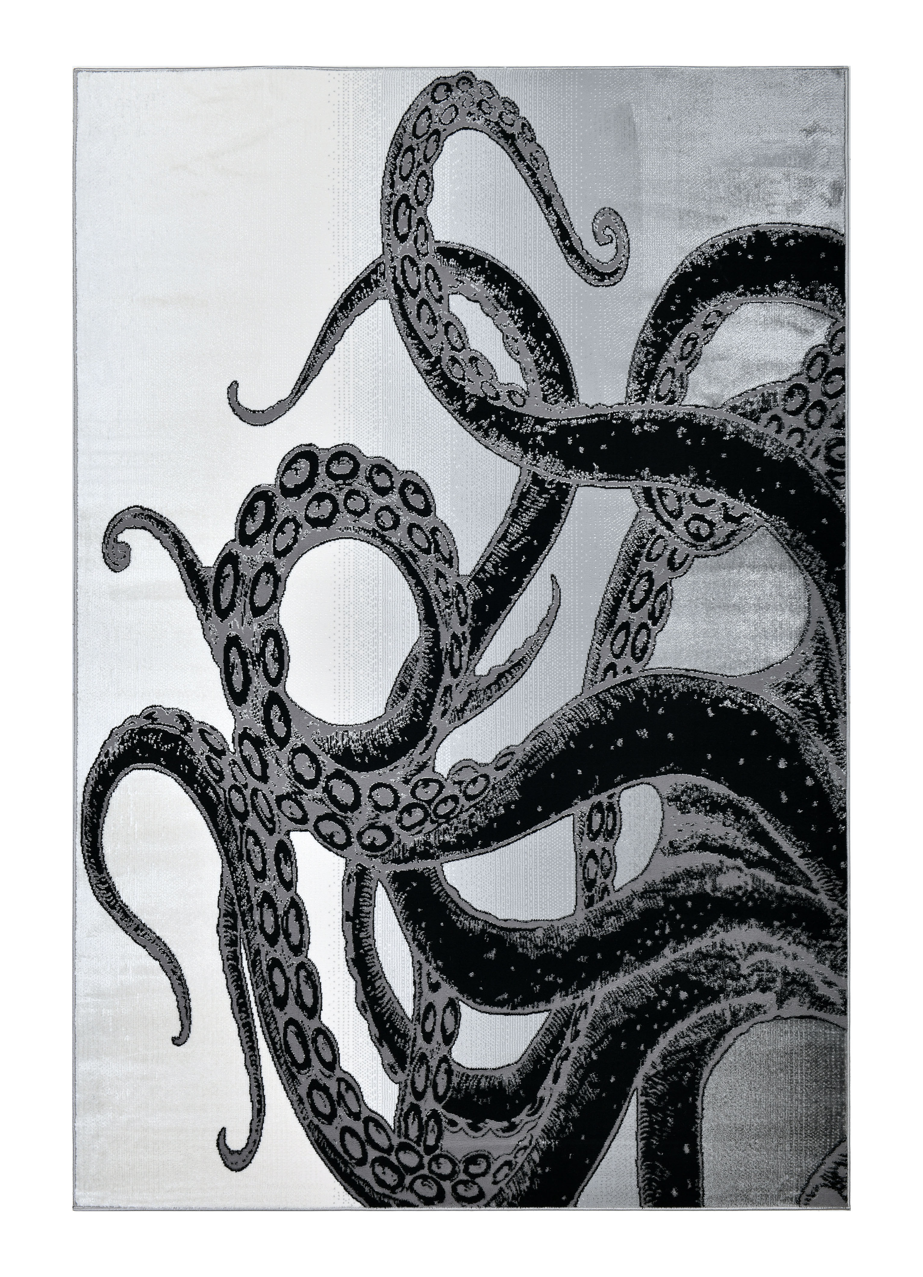 Soft-Touch Light Grey Rug Featuring Metallic Octopus/Tentacle Design in Sheer Black or Blue - Z339A (POL805)