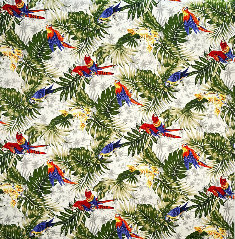 Parrots Split Monstera Palm Leaves Peachskin Fabric | Islands Fabric