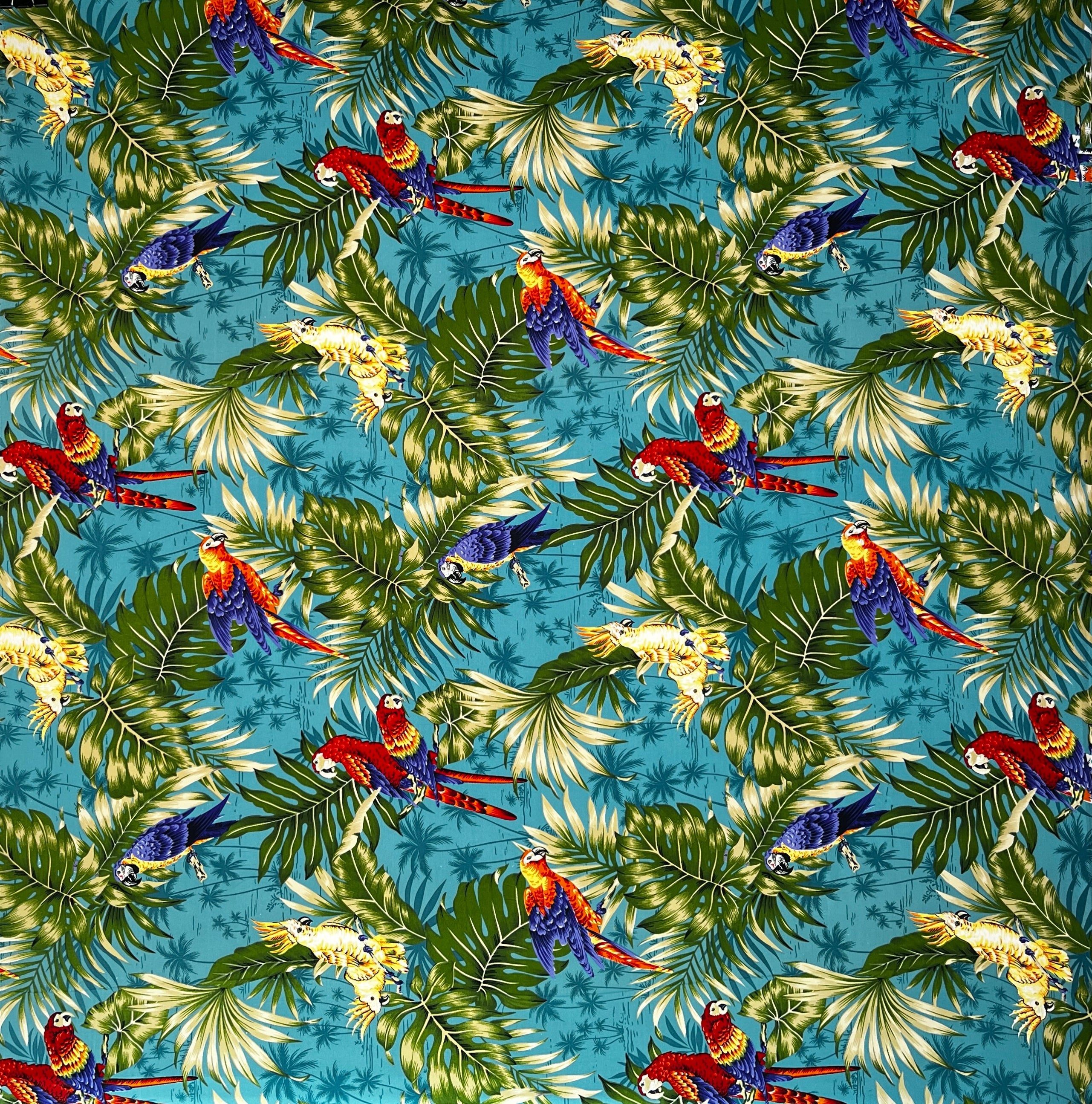 Parrots Split Monstera Palm Leaves Peachskin Fabric | Islands Fabric