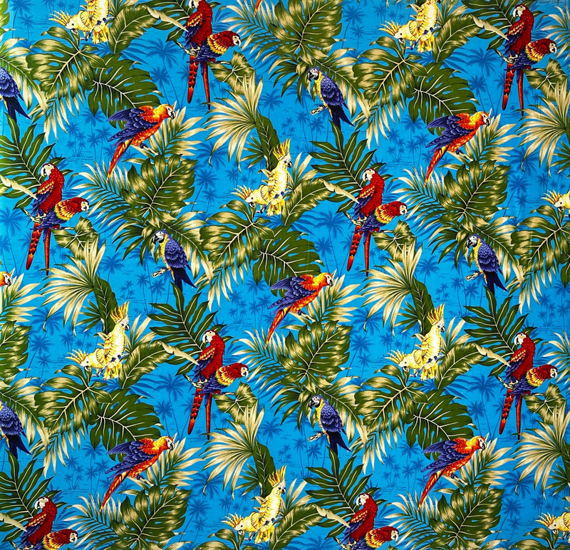 Parrots Split Monstera Palm Leaves Peachskin Fabric | Islands Fabric