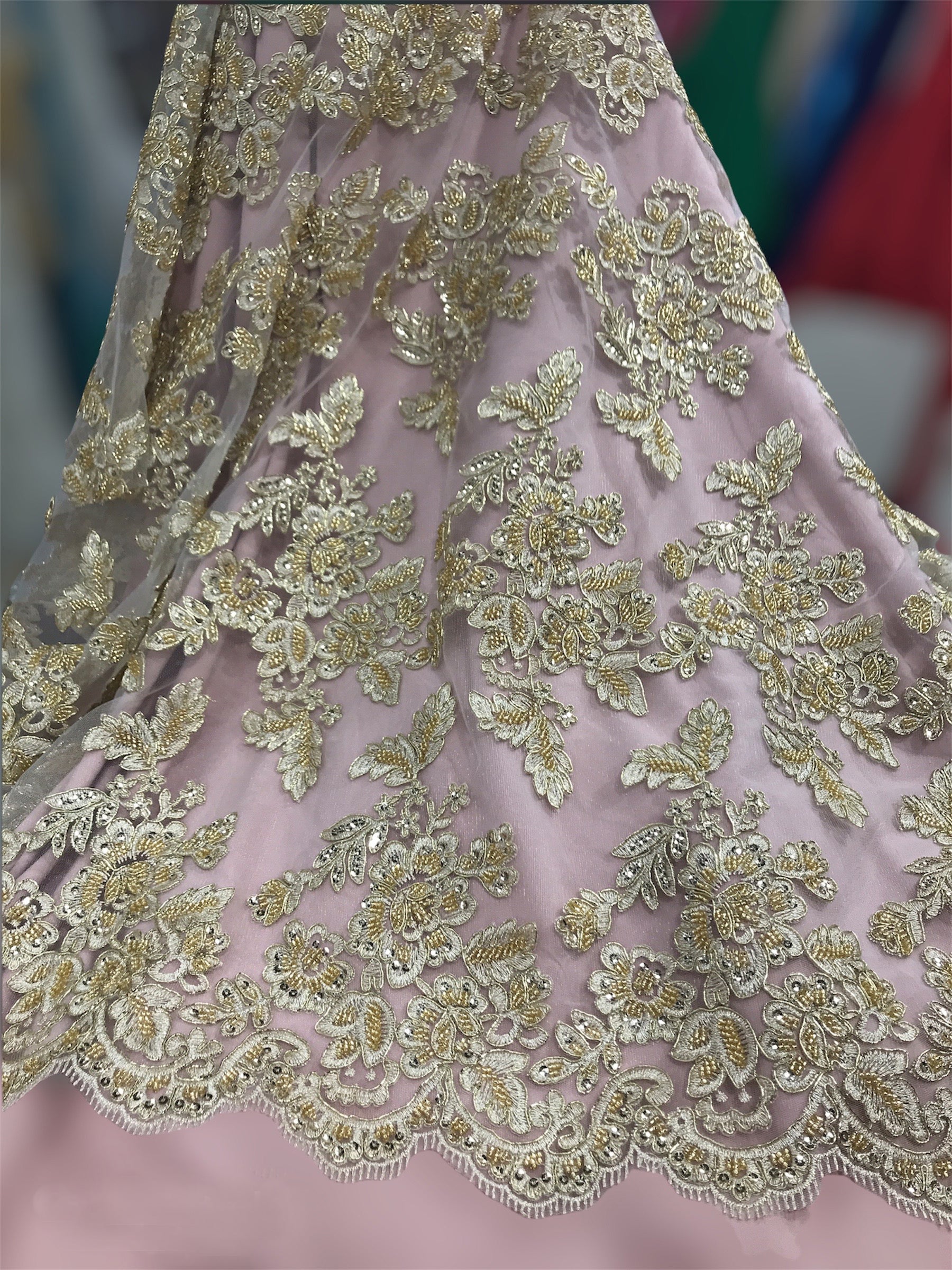 Beaded & Corded Bridal Lace Fabric Embroidered on 100% Polyester Net Mesh | Lace USA - 95409W-HB