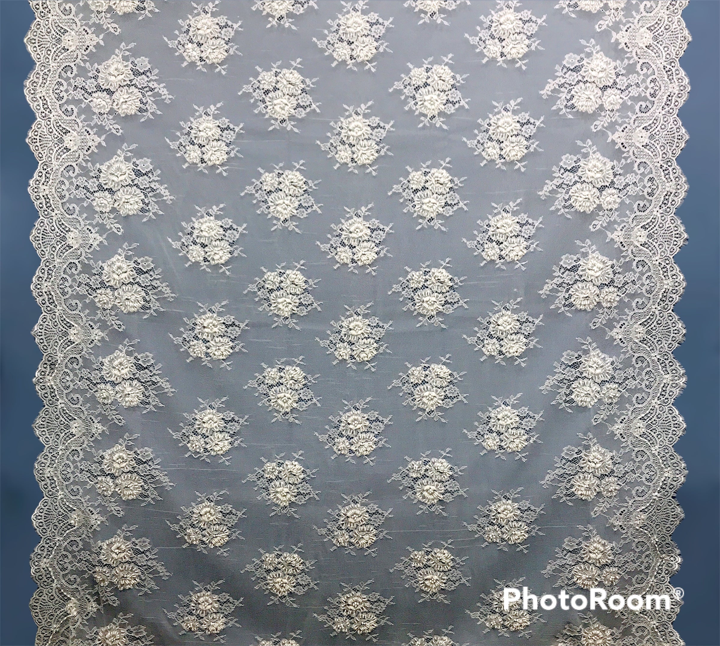 Beaded Chantilly Embroidered Lace Fabric with Eyelash Scallop - 3 Yards | Lace USA - 68138W-BP