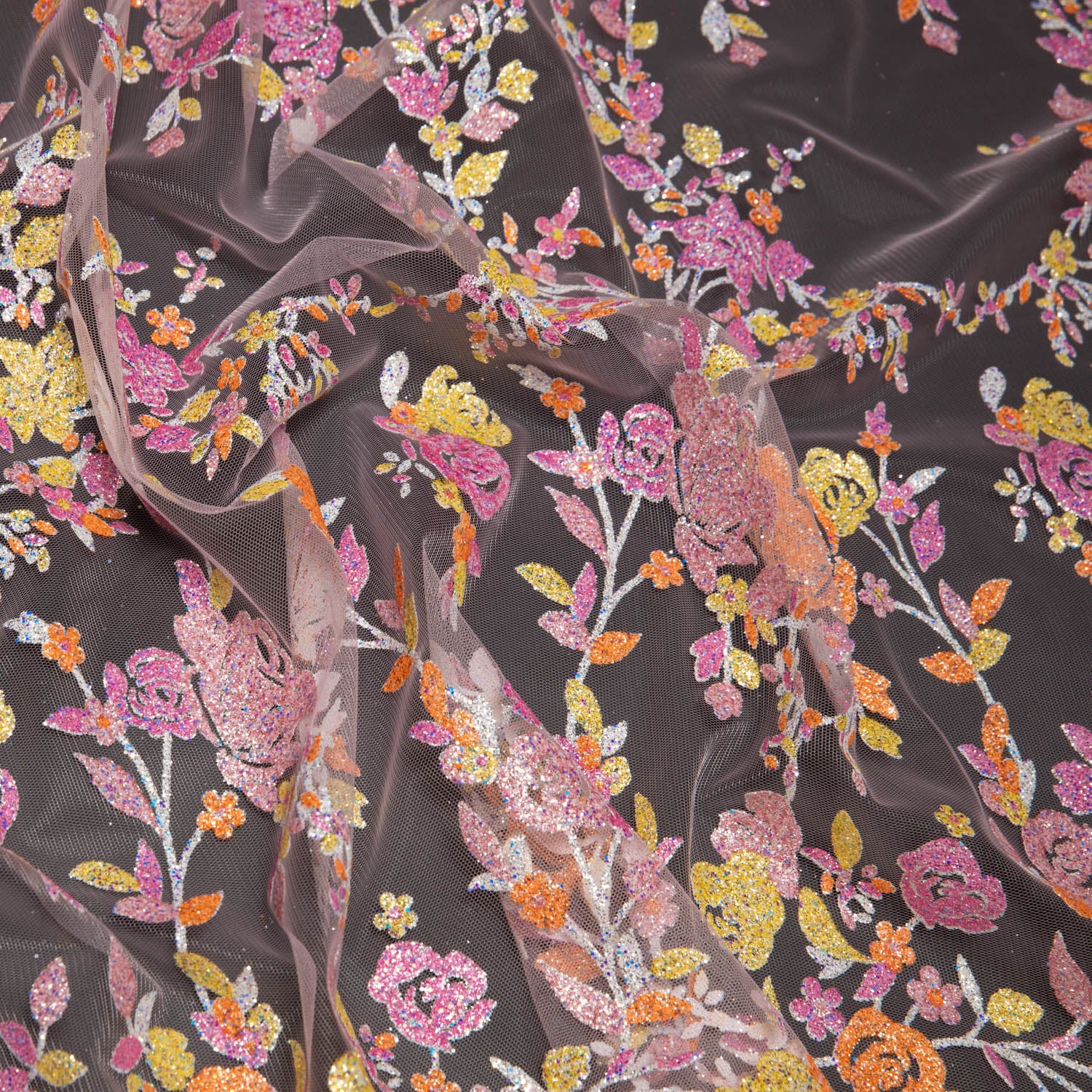 Tulle Lace Fabric with Multicolor Glitter and Floral Design 58" Wide | Exquisite Fabric