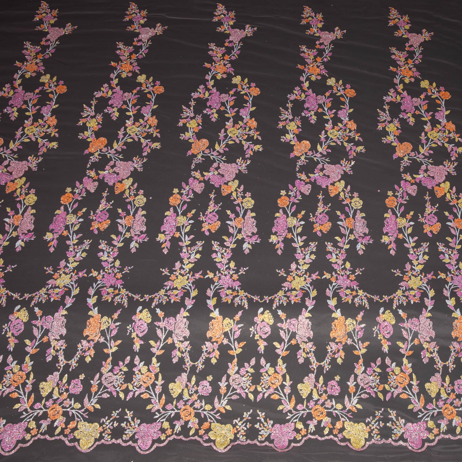 Tulle Lace Fabric with Multicolor Glitter and Floral Design 58" Wide | Exquisite Fabric
