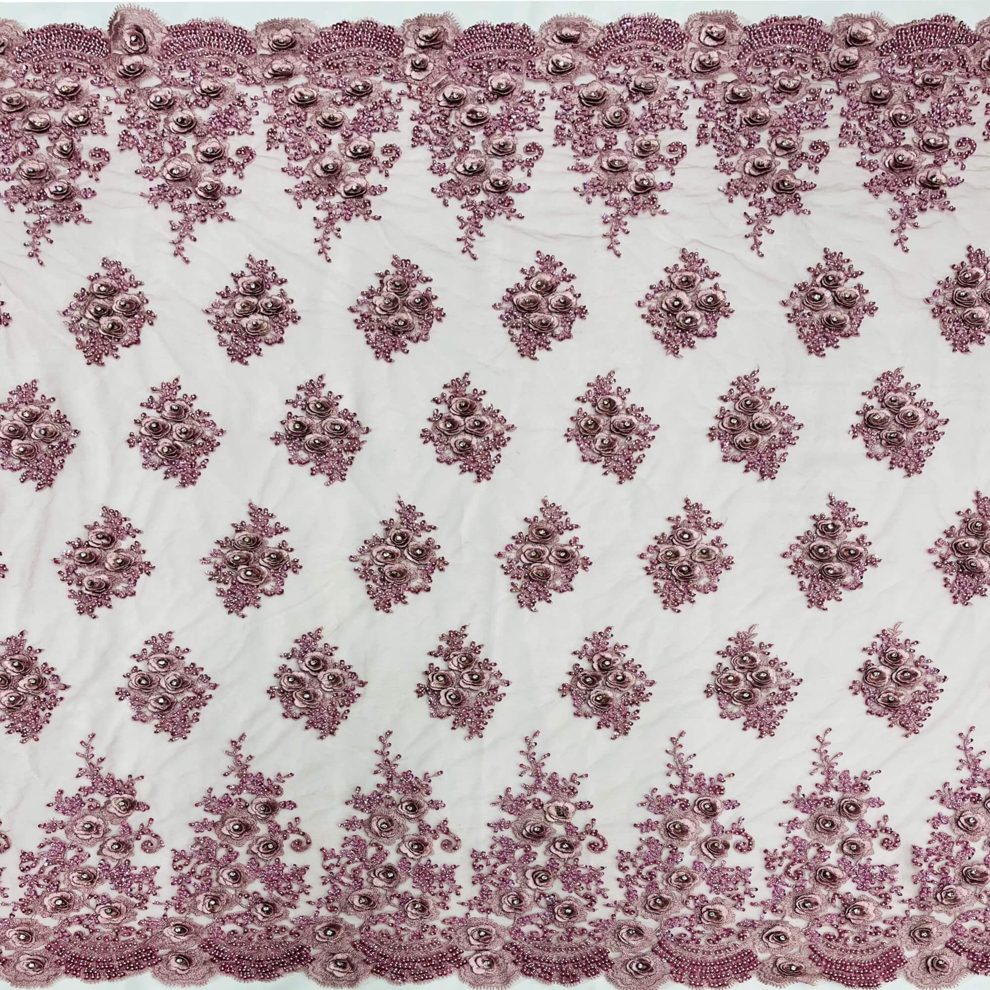 Beaded & Rhinestone 3D Floral Lace Fabric Embroidered on 100% Polyester Net Mesh | Lace USA - GD-14