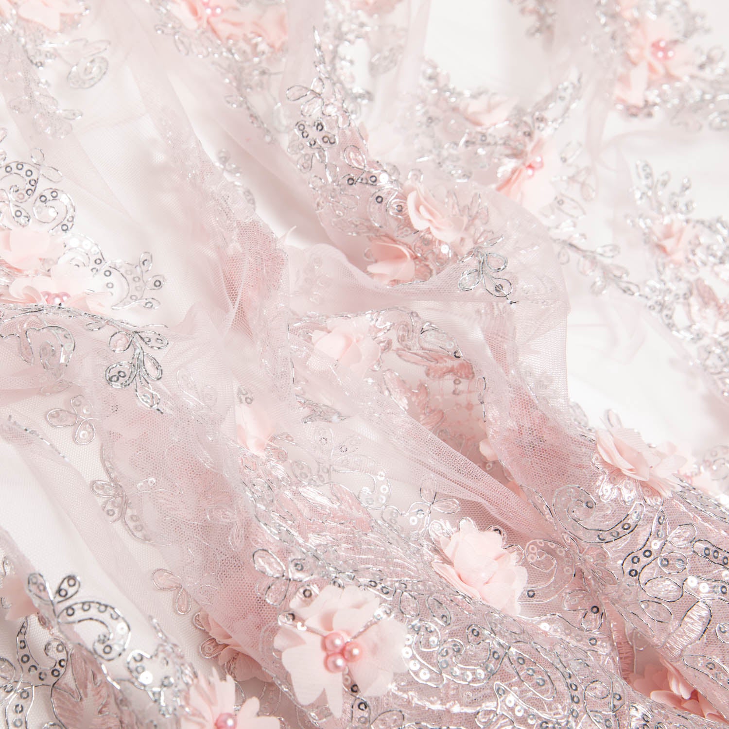 Tulle Lace Fabric Embroidered with Applique and Intricate 3D Pattern 52" Wide | Exquisite Fabric