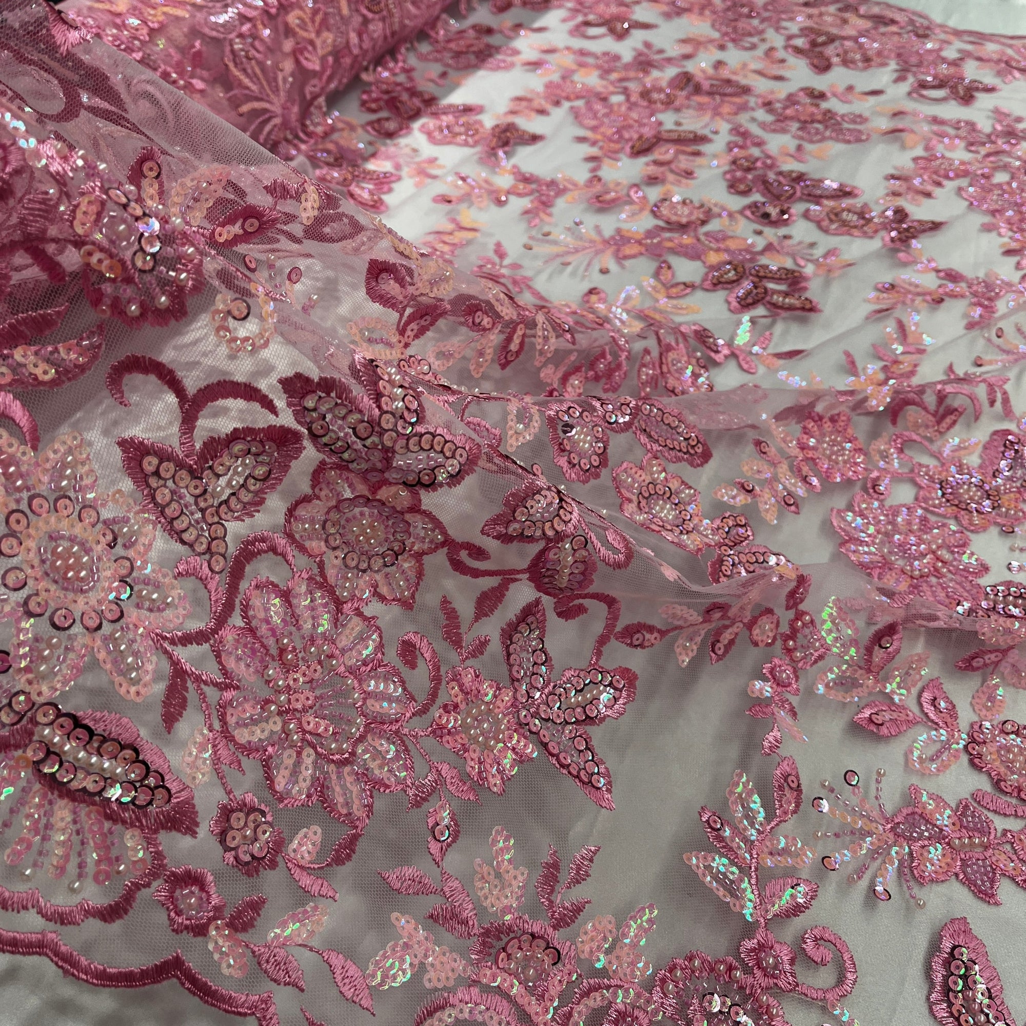 Beaded & Sequined Sparkling  Floral Lace Fabric – Scalloped Edges | Lace USA - GD-2218