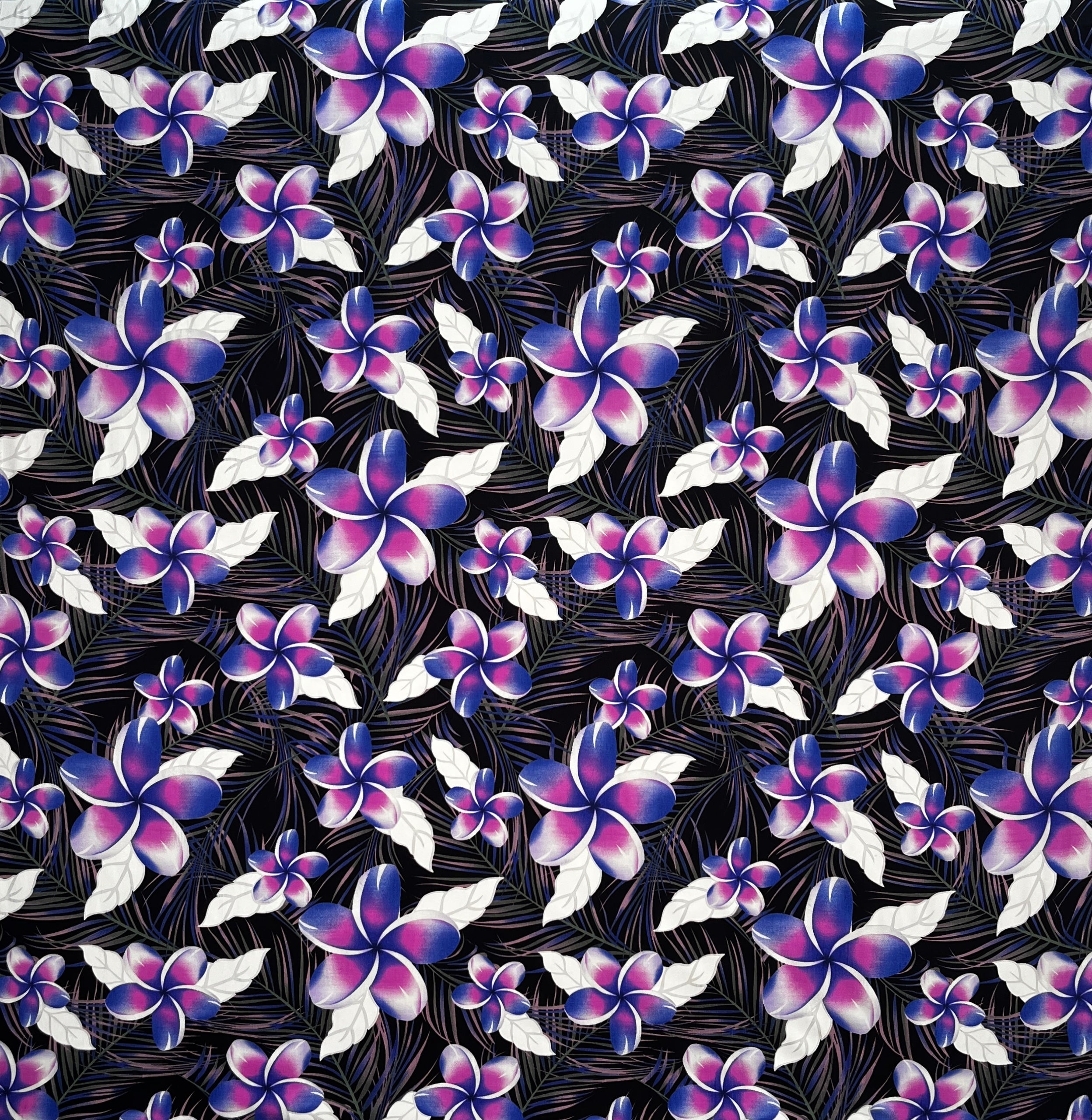 Plumeria & Tropical Leaves Print Rayon Poplin Fabric | Islands Fabric