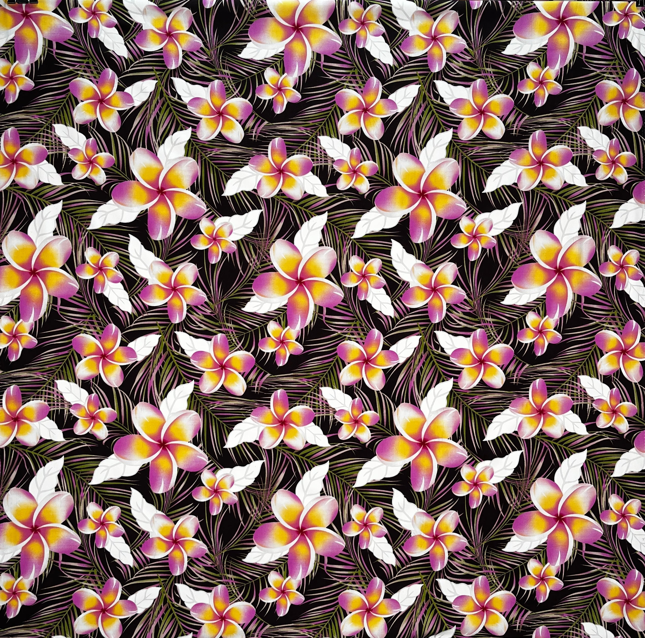 Plumeria & Tropical Leaves Print Rayon Poplin Fabric | Islands Fabric