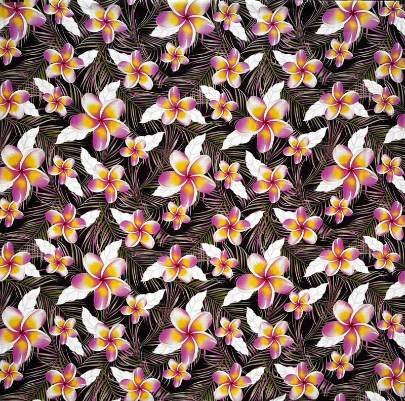 Plumeria & Tropical Leaves Print Rayon Poplin Fabric | Islands Fabric