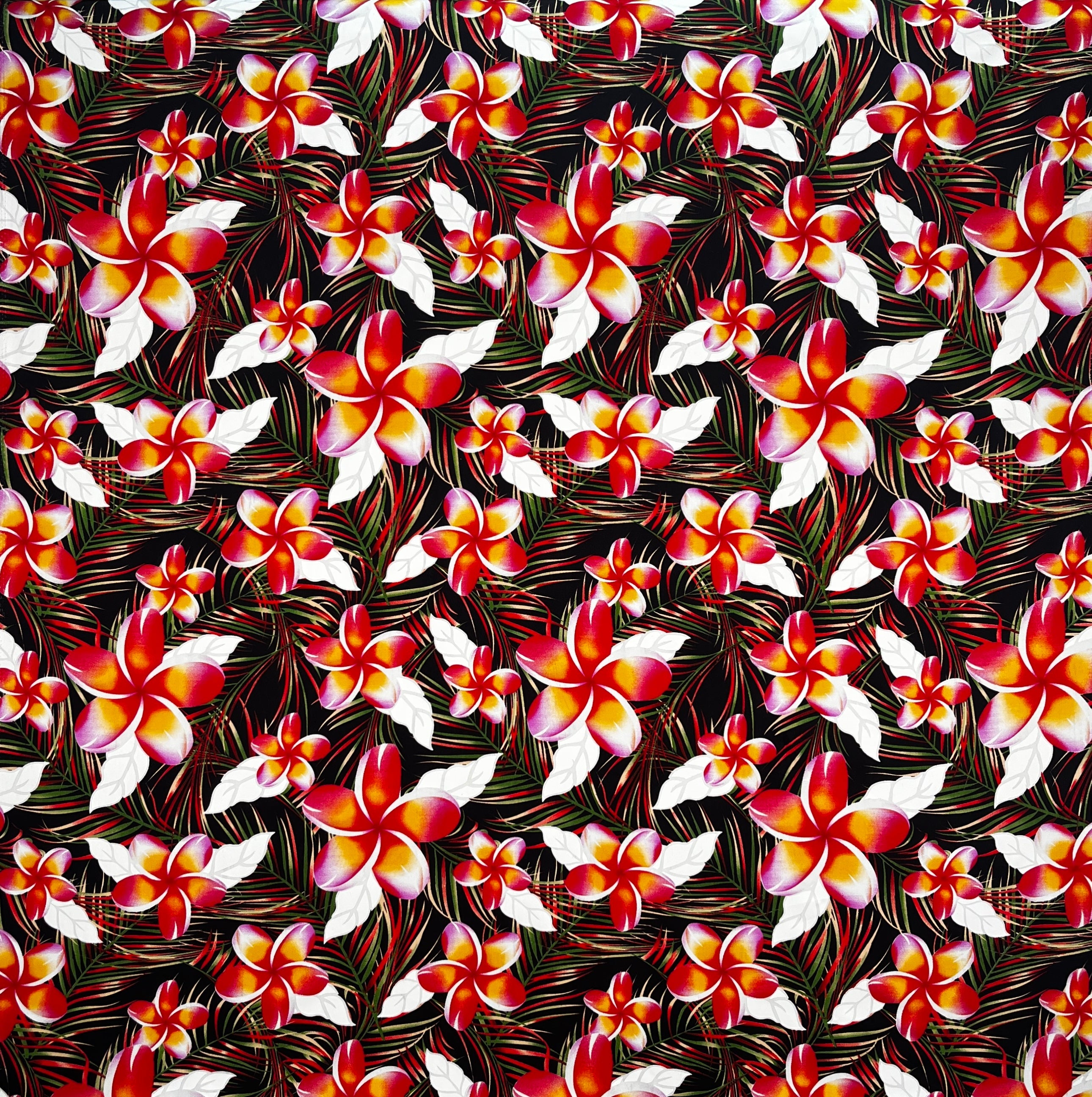 Plumeria & Tropical Leaves Print Rayon Poplin Fabric | Islands Fabric