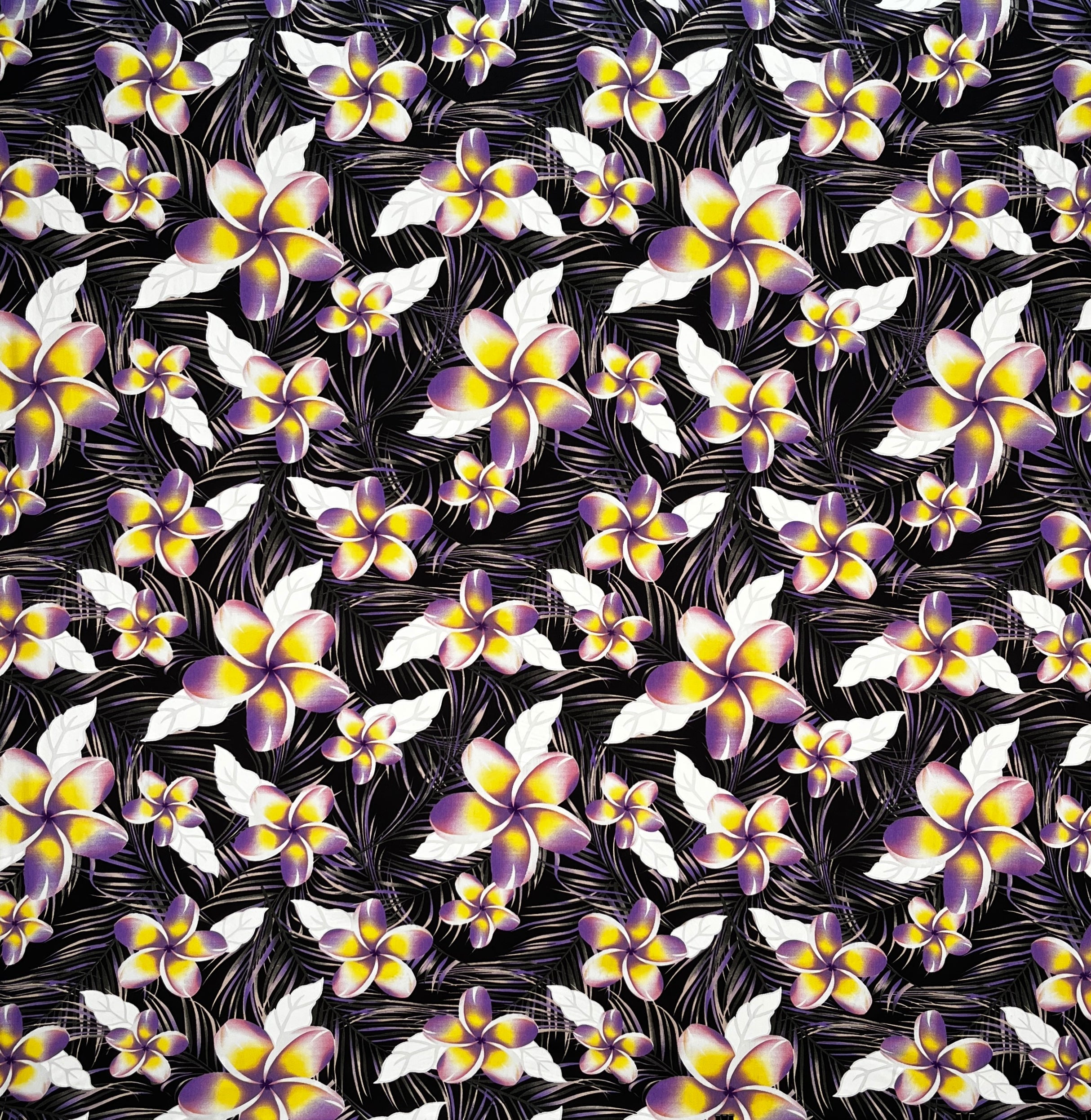 Plumeria & Tropical Leaves Print Rayon Poplin Fabric | Islands Fabric