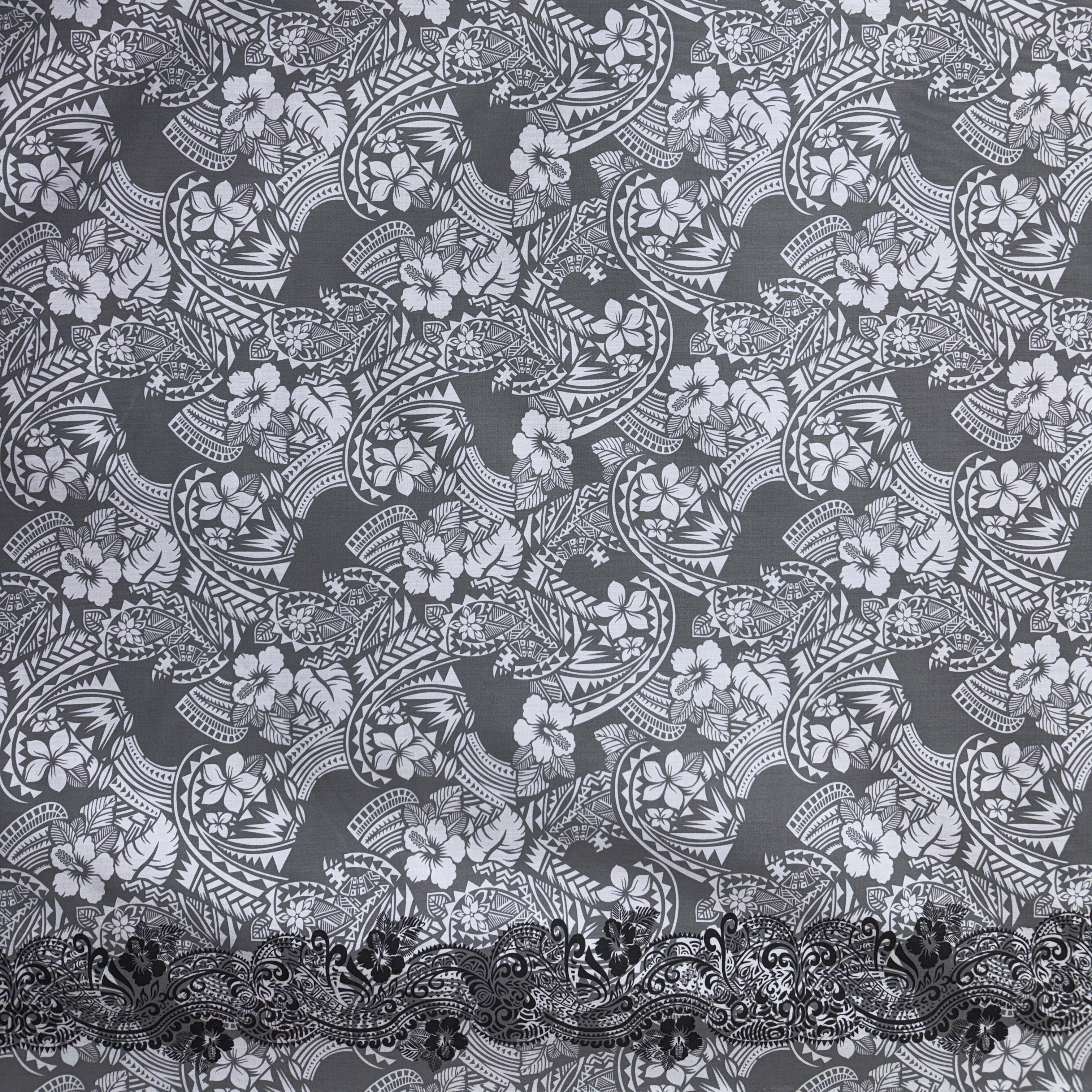 Polynesian Hibiscus & Plumeria Flowers Traditional Tattoo Single Border Poly-Cotton Fabric | Islands Fabric