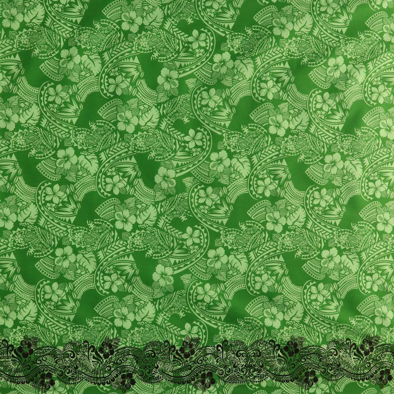 Polynesian Hibiscus & Plumeria Flowers Traditional Tattoo Single Border Poly-Cotton Fabric | Islands Fabric