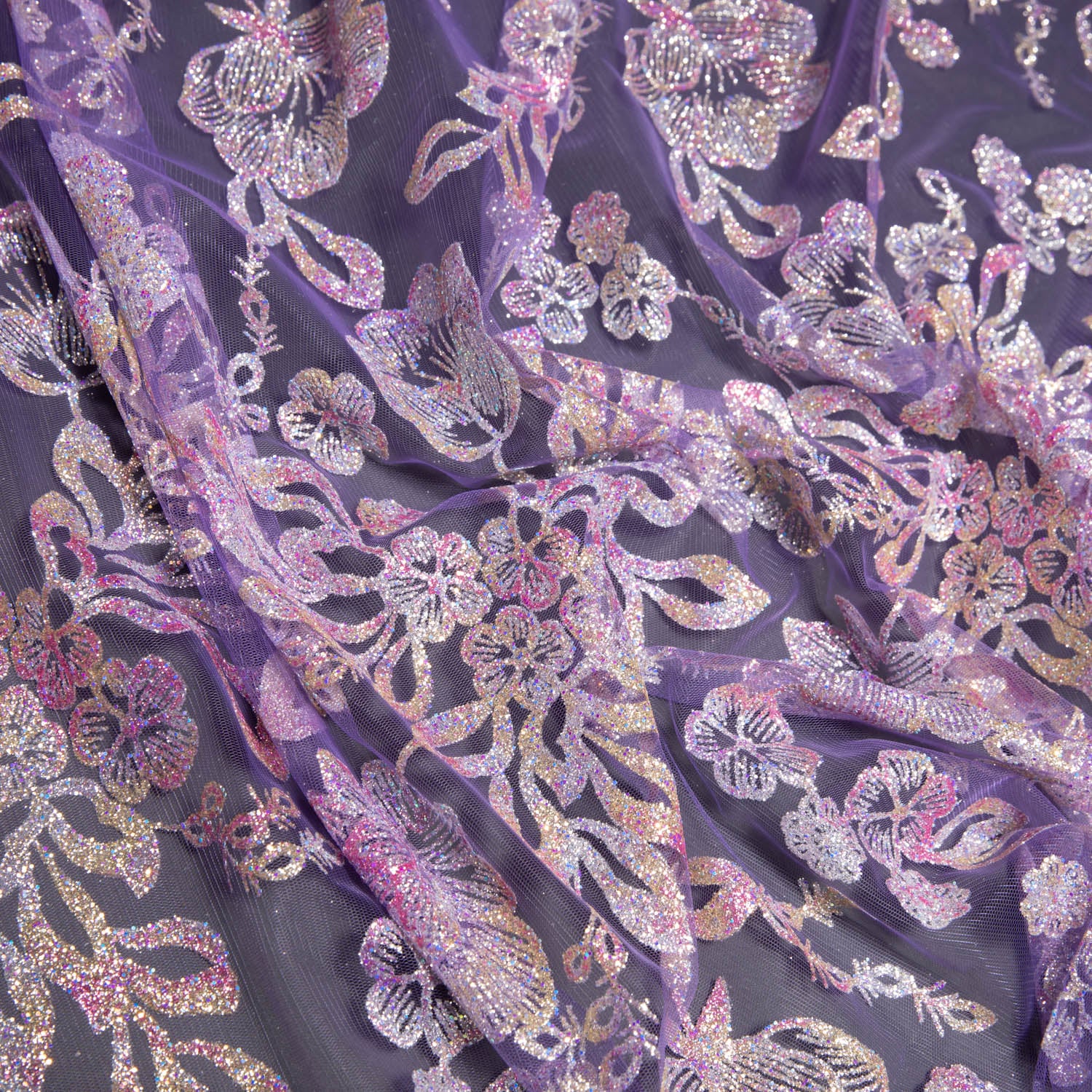 Tulle Fabric With Multicolor Glitter with Floral Pattern 58" Wide | Exquisite Fabric